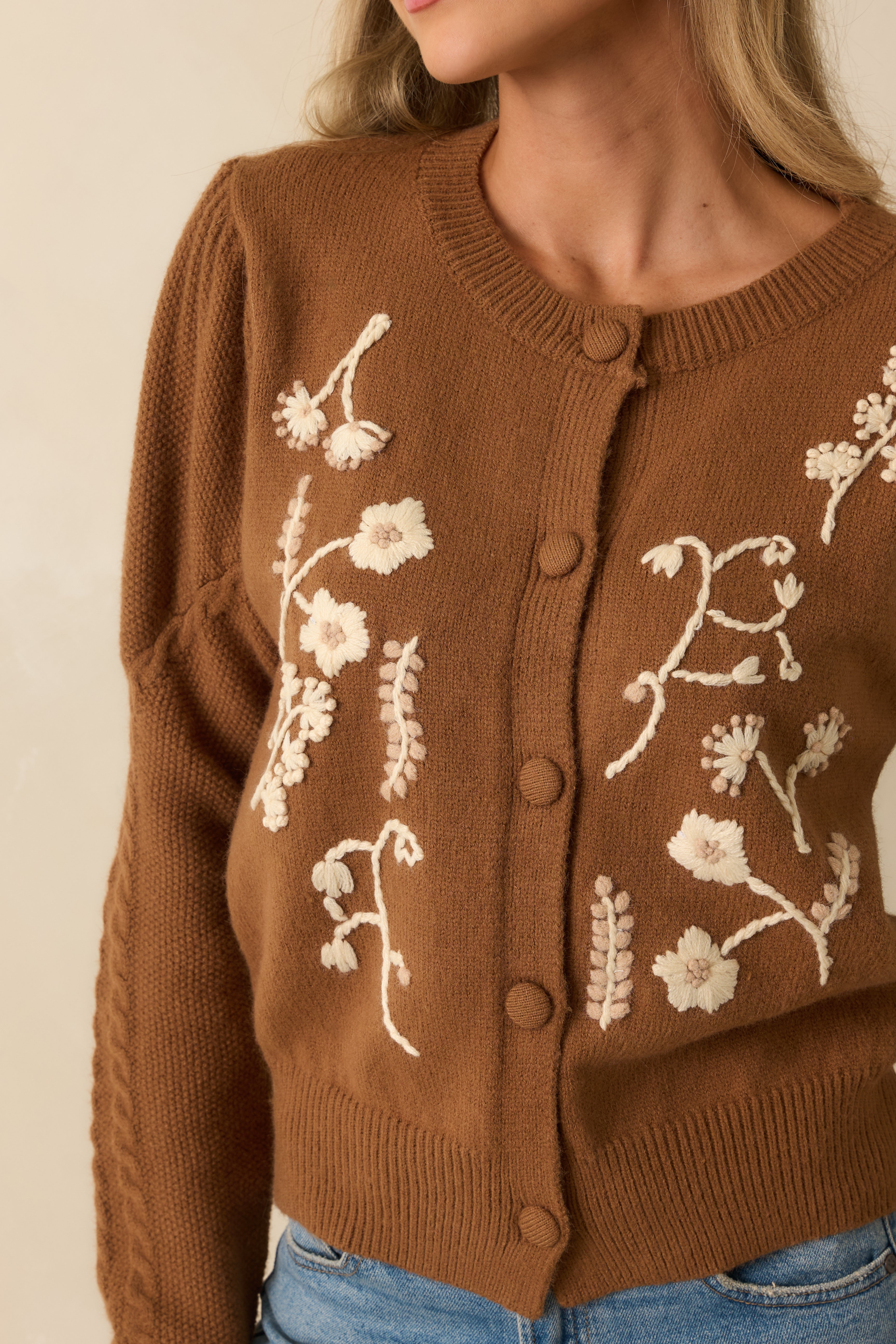 Botanical Whispers Tiramisu Brown Floral Knit Button Front Cardigan
