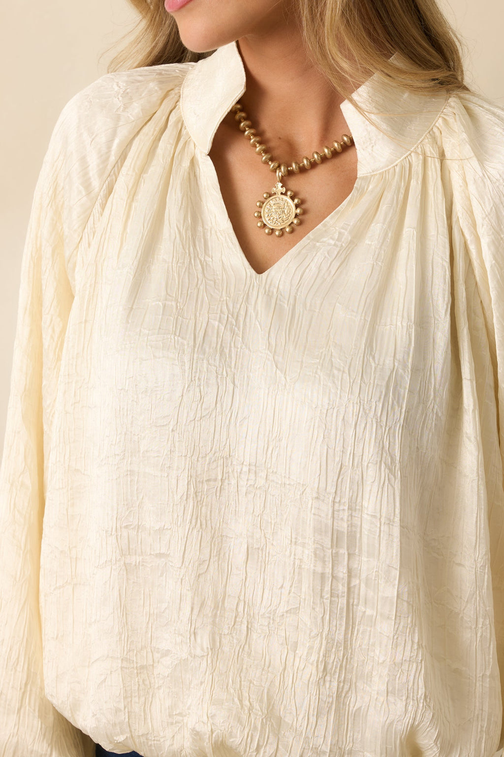 Promise Me This Cream Satin V-Neck Peasant Sleeve Top