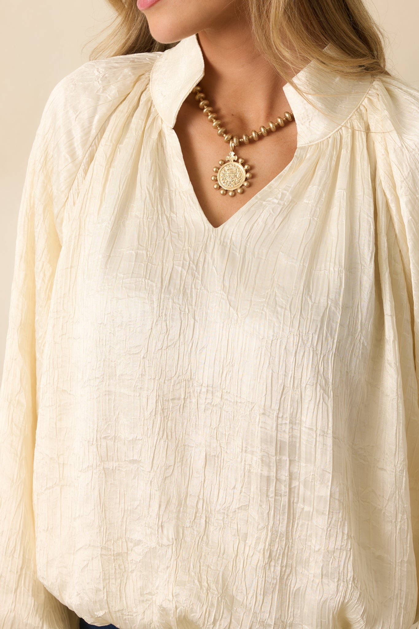Promise Me This Cream Satin V-Neck Peasant Sleeve Top