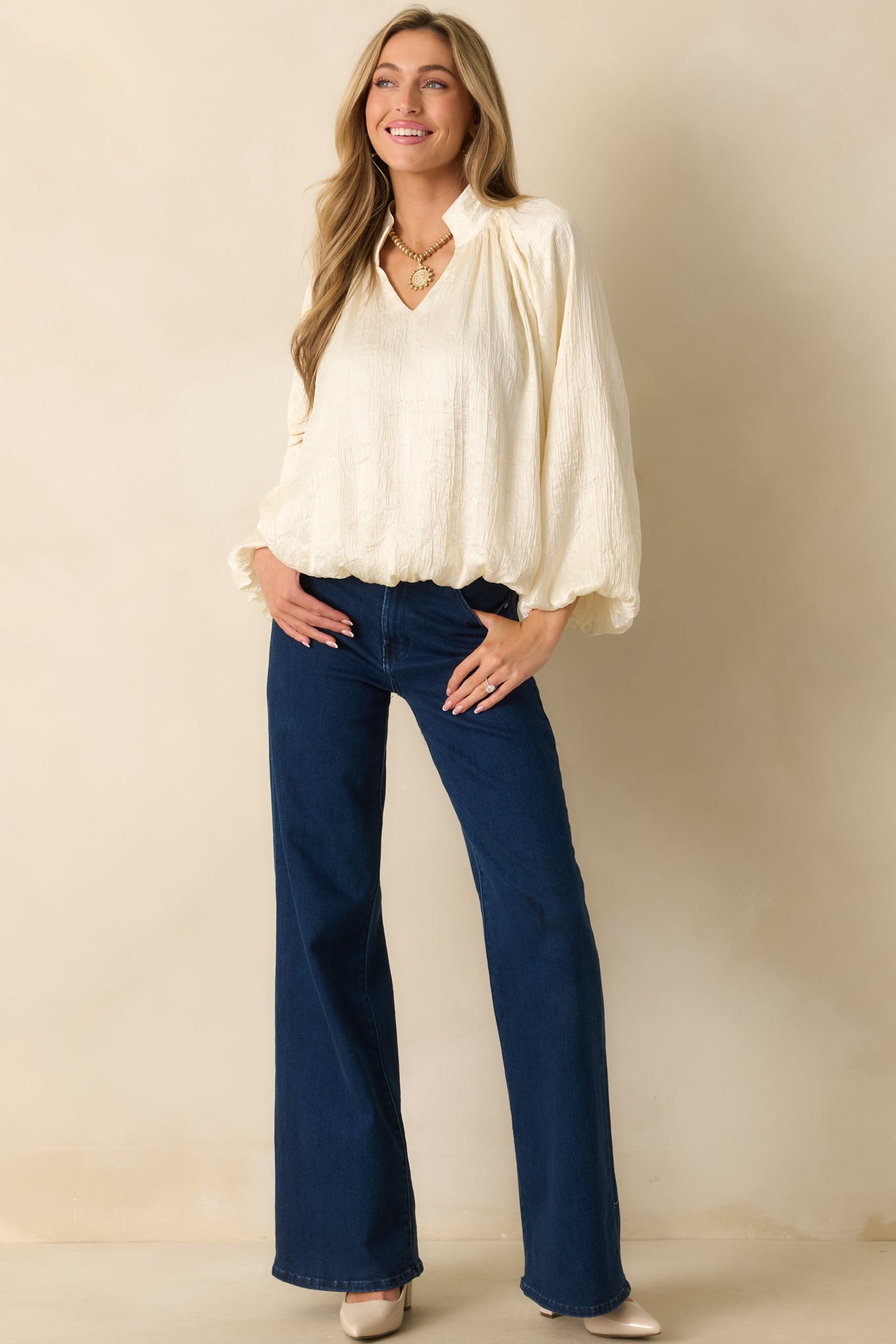 Promise Me This Cream Satin V-Neck Peasant Sleeve Top