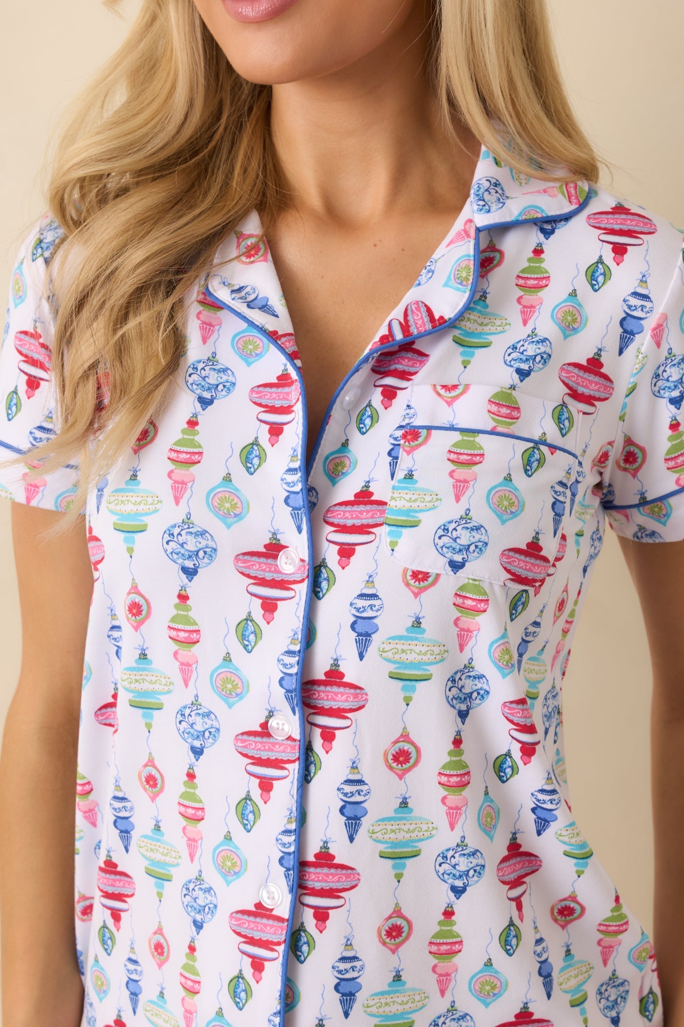 Decked In Delight White Multi Ornament Short Sleeve Button Up Pajama Top