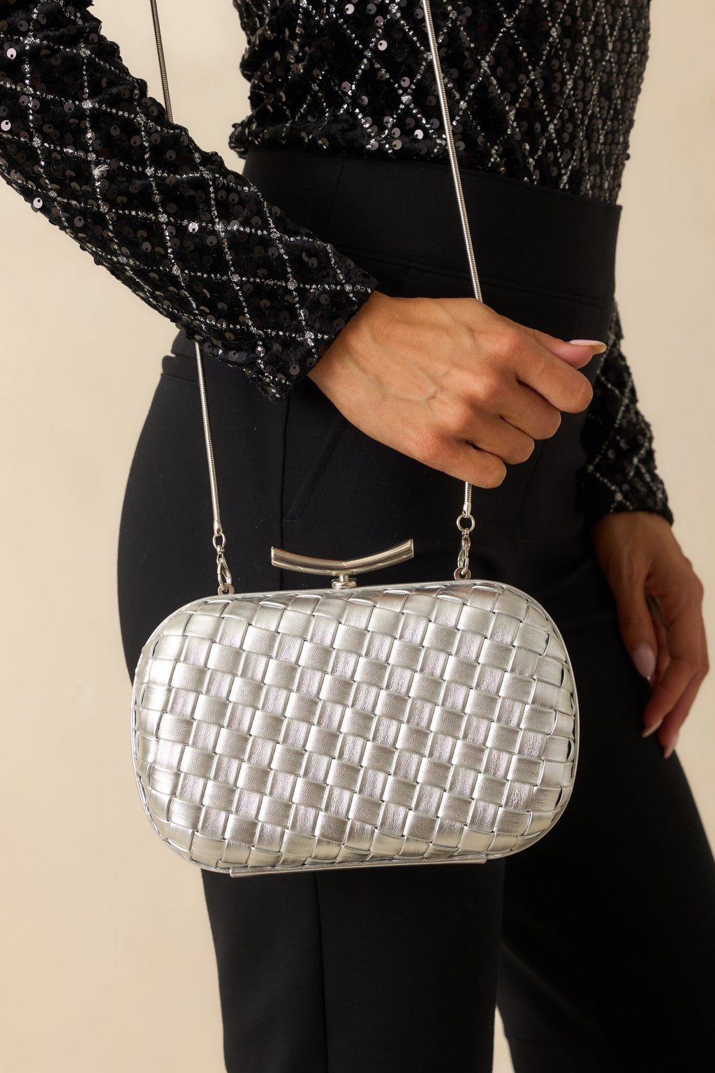 For Certain Silver Metallic Woven Faux Leather Clutch Handbag