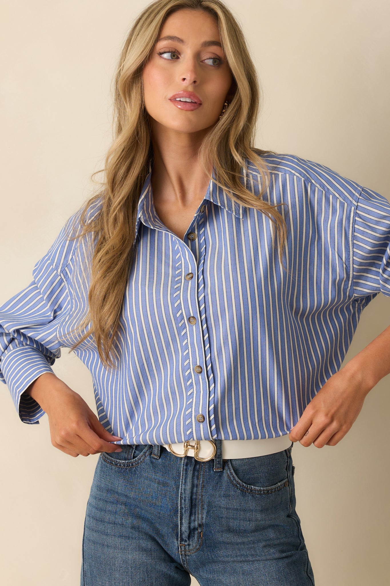 Just What You Wanted Navy Stripe Cotton Button Up Shirt