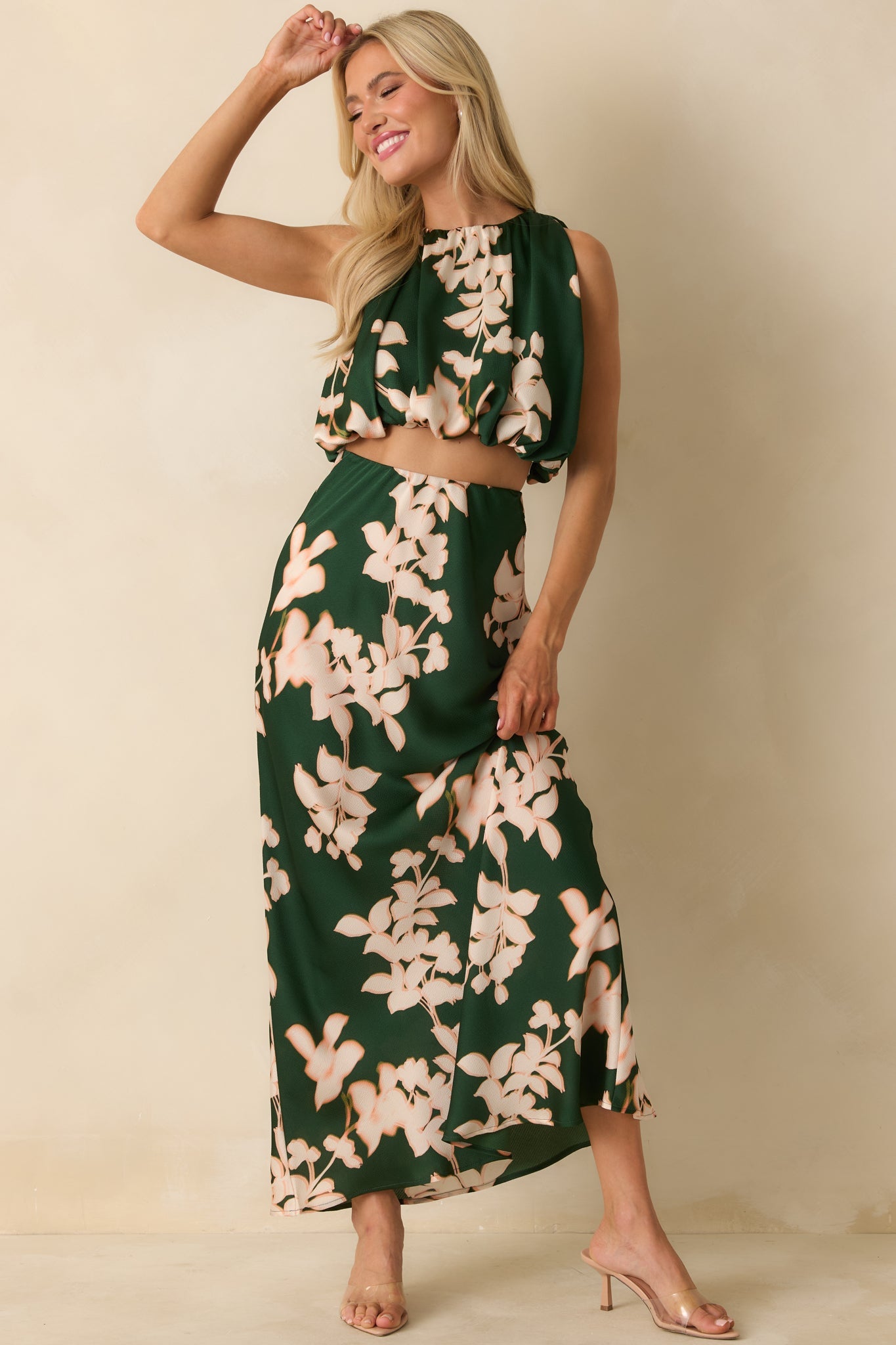 MINKPINK Vilma Green Floral Rouched Crop Top