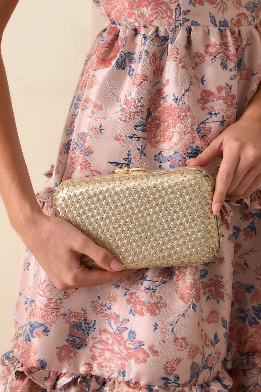 Truth Be Told Gold Metallic Woven Structured Clutch Handbag