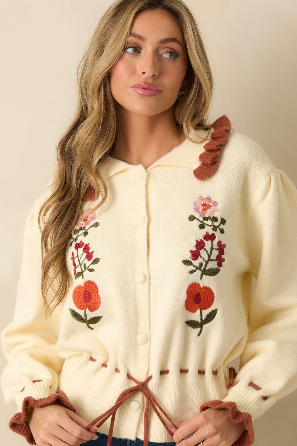 Harvest Bloom Ivory Floral Embroidered Button Up Cardigan Sweater