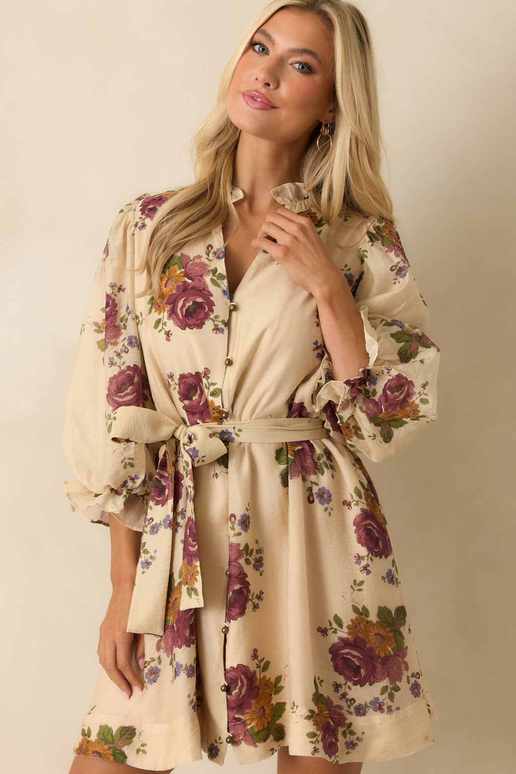 Rustic Romance Beige Multi Floral Print Belted Mini Dress