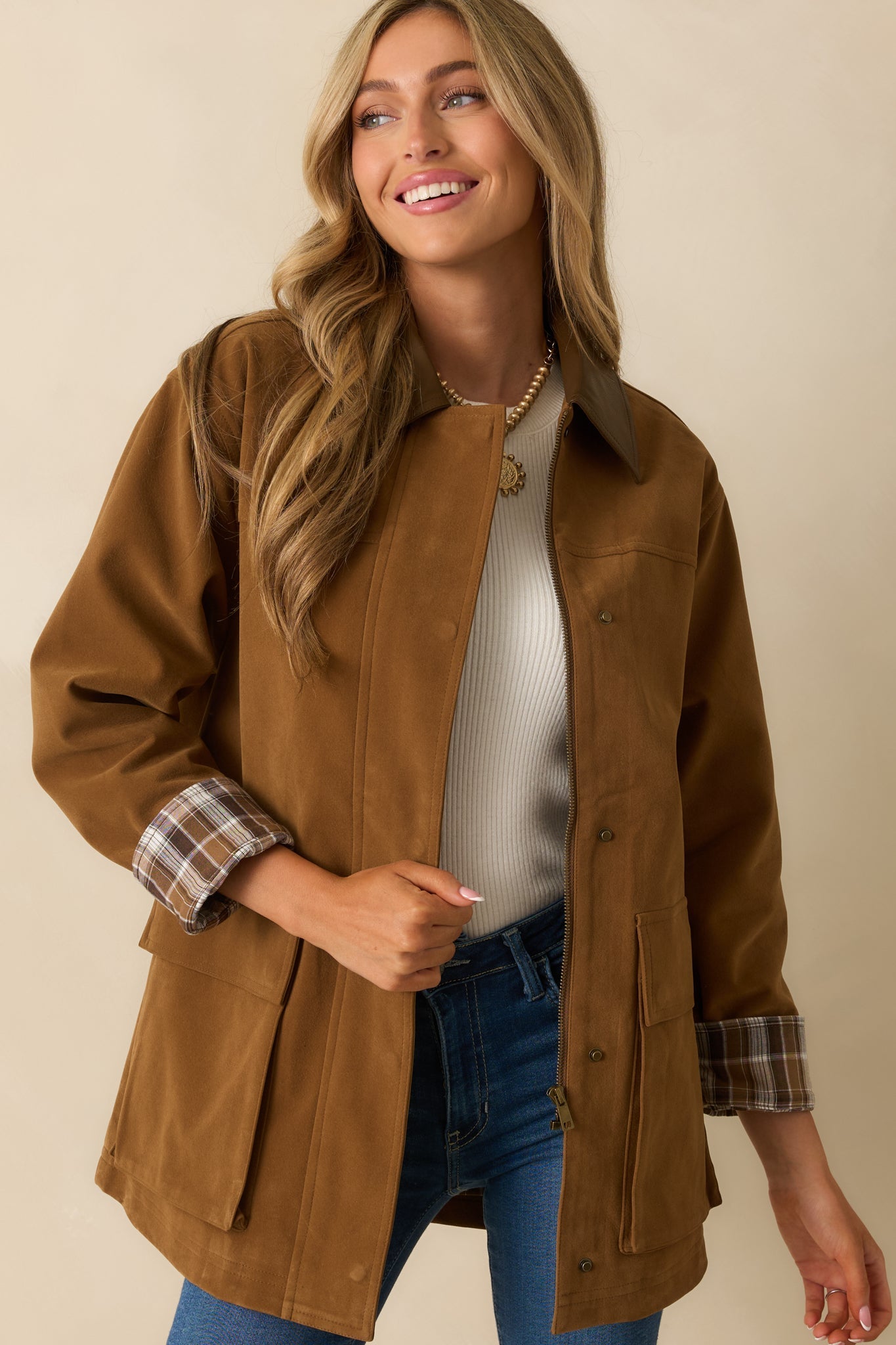 Here If You Need Camel Brown Faux Suede Barn Jacket