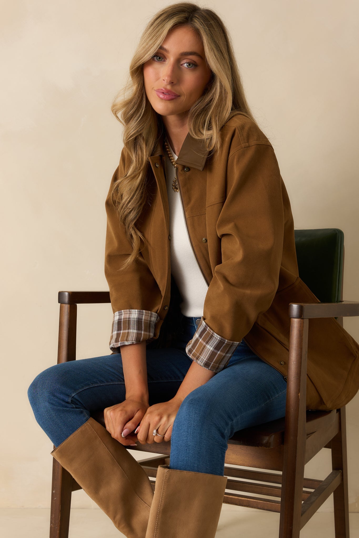 Here If You Need Camel Brown Faux Suede Barn Jacket