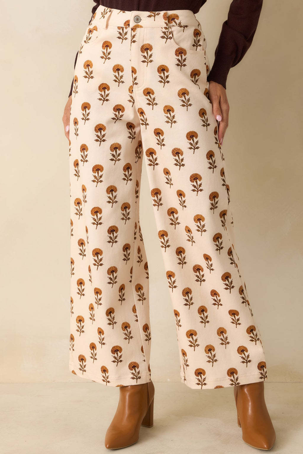 Marigold Muse Ivory Multi Floral Print Cotton Wide Leg Pants