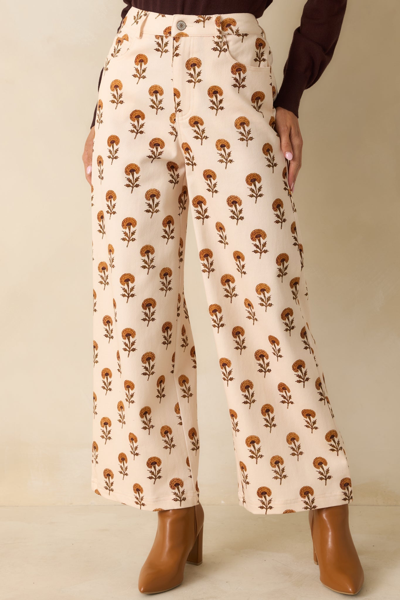 Marigold Muse Ivory Multi Floral Print Cotton Wide Leg Pants