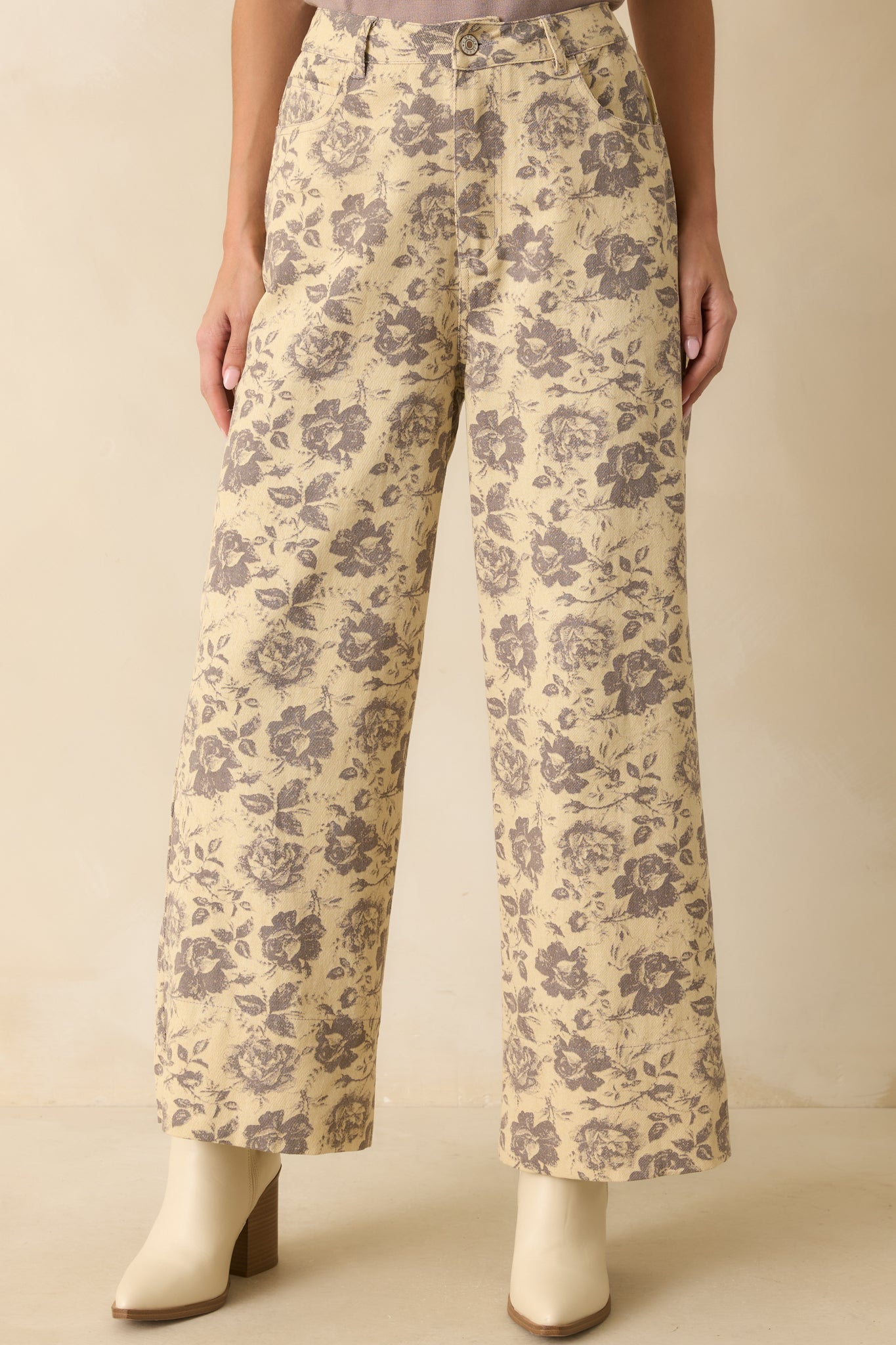 Just Like Always Grey Floral Print Wide Leg Pants