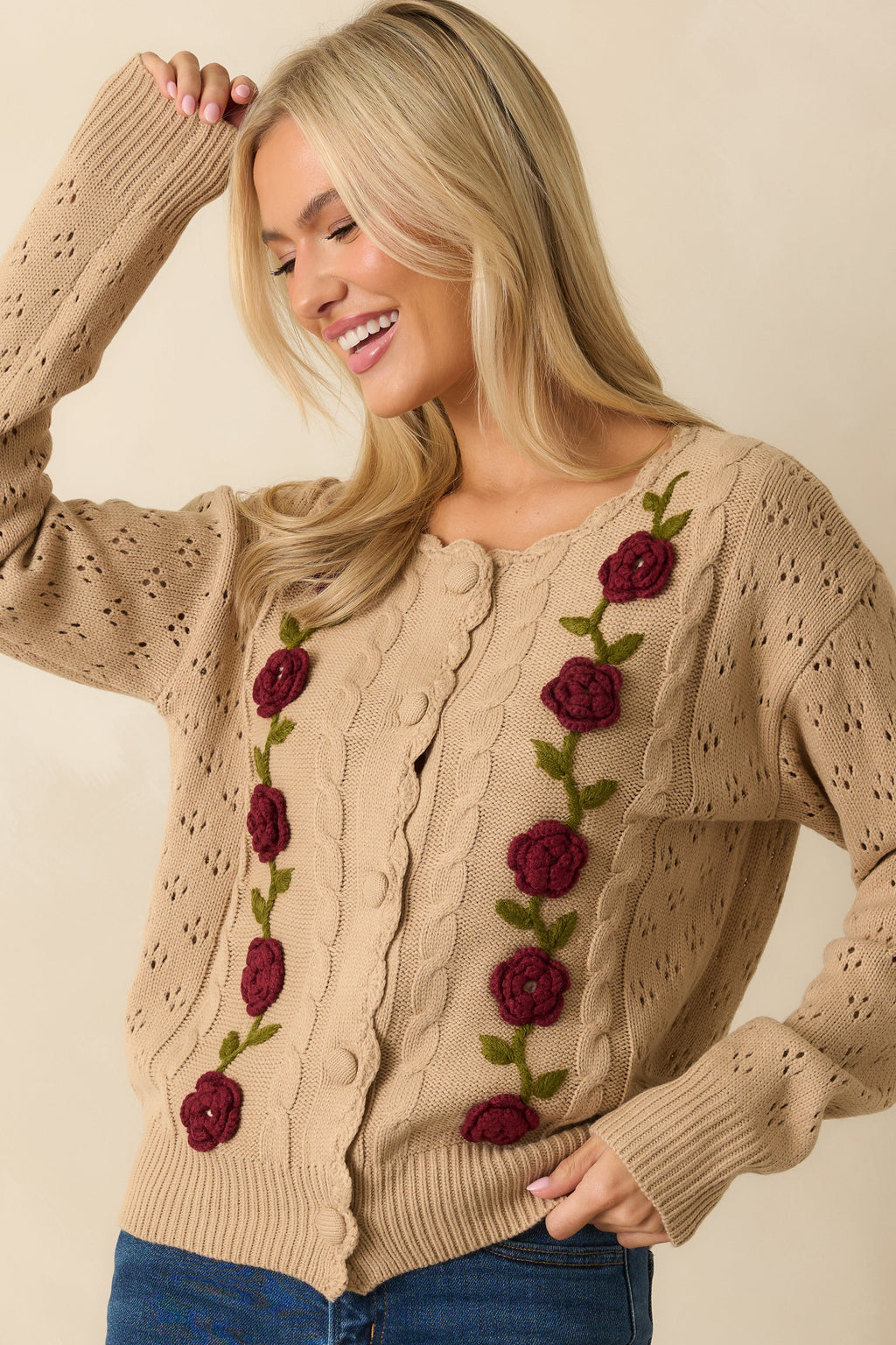 Garden Variety Taupe Floral Knit Button-Up Cardigan
