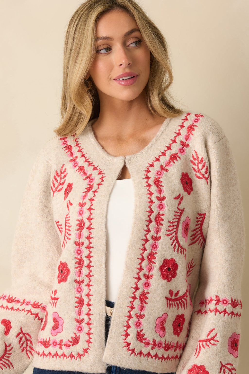 Carefully Considered Oatmeal Floral Embroidered Single Clasp Cardigan