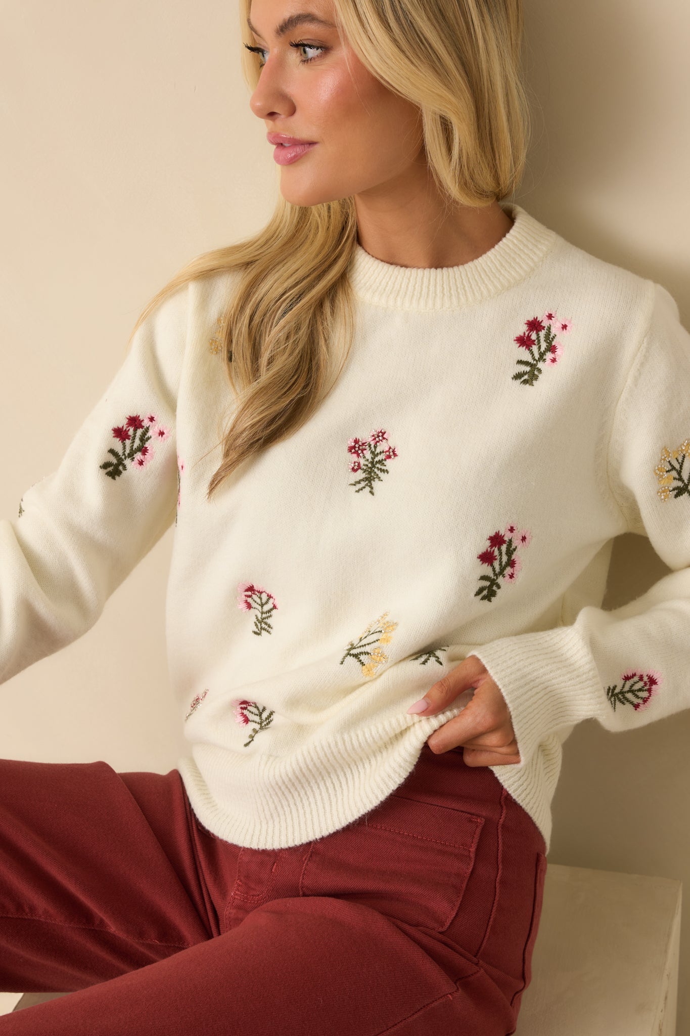 Stay True To Yourself Ivory Multi Floral Embroidered Knit Sweater