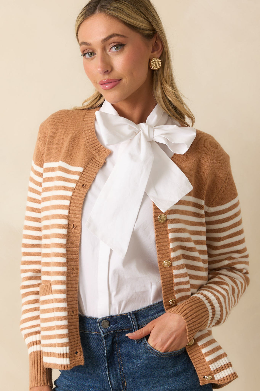 Right On Schedule Camel Brown Stripe Long Sleeve Button Up Cardigan
