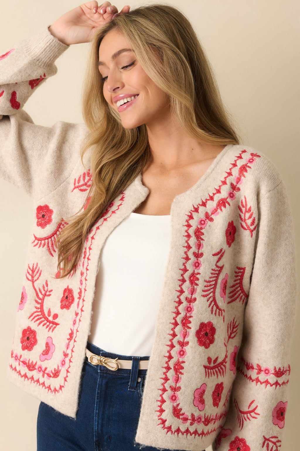 Carefully Considered Oatmeal Floral Embroidered Single Clasp Cardigan