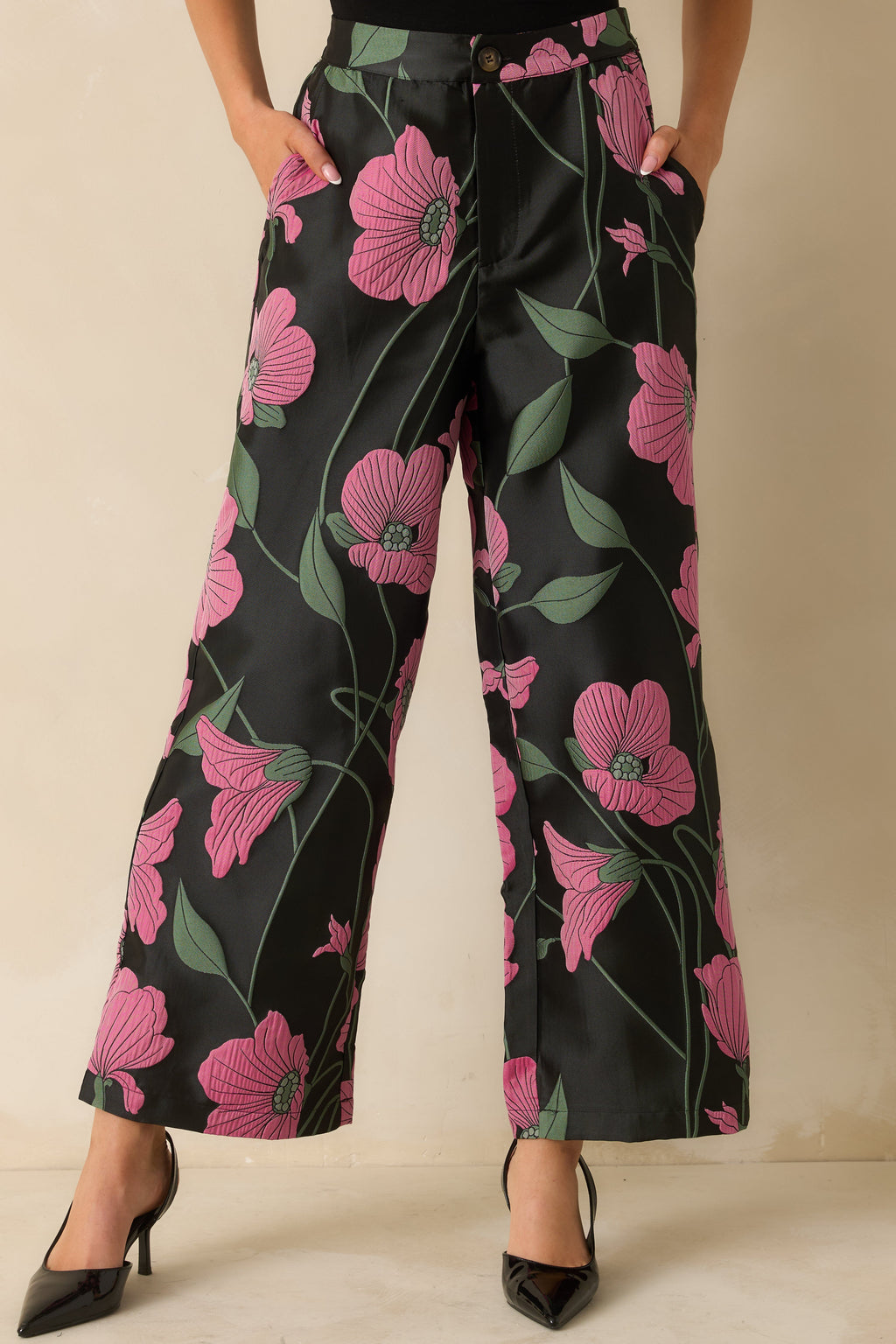 Garden Reverie Black Multi Floral Jacquard Wide Leg Pants