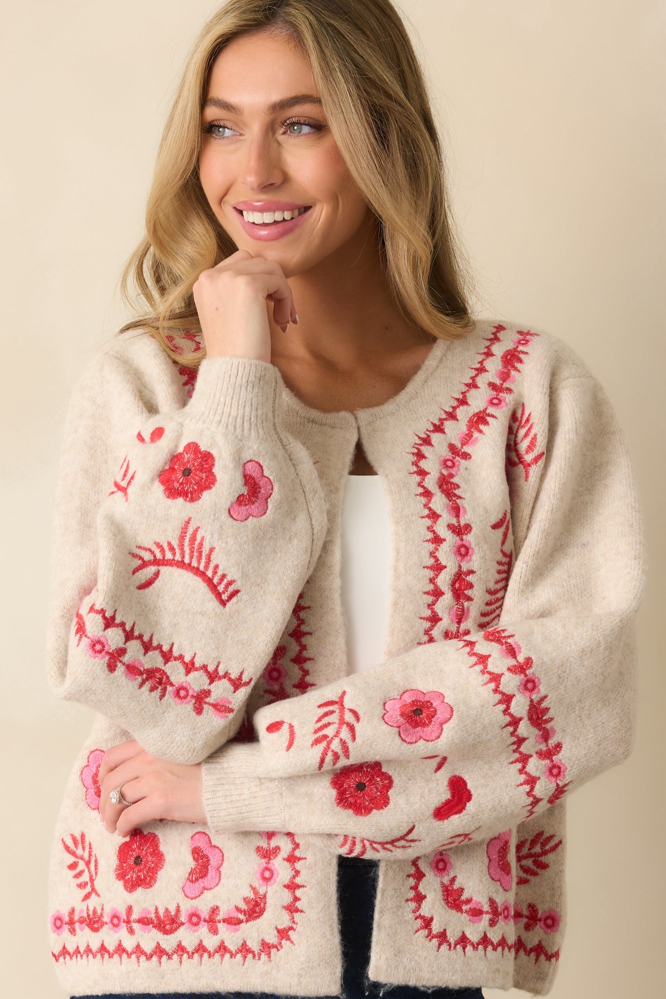 Carefully Considered Oatmeal Floral Embroidered Single Clasp Cardigan