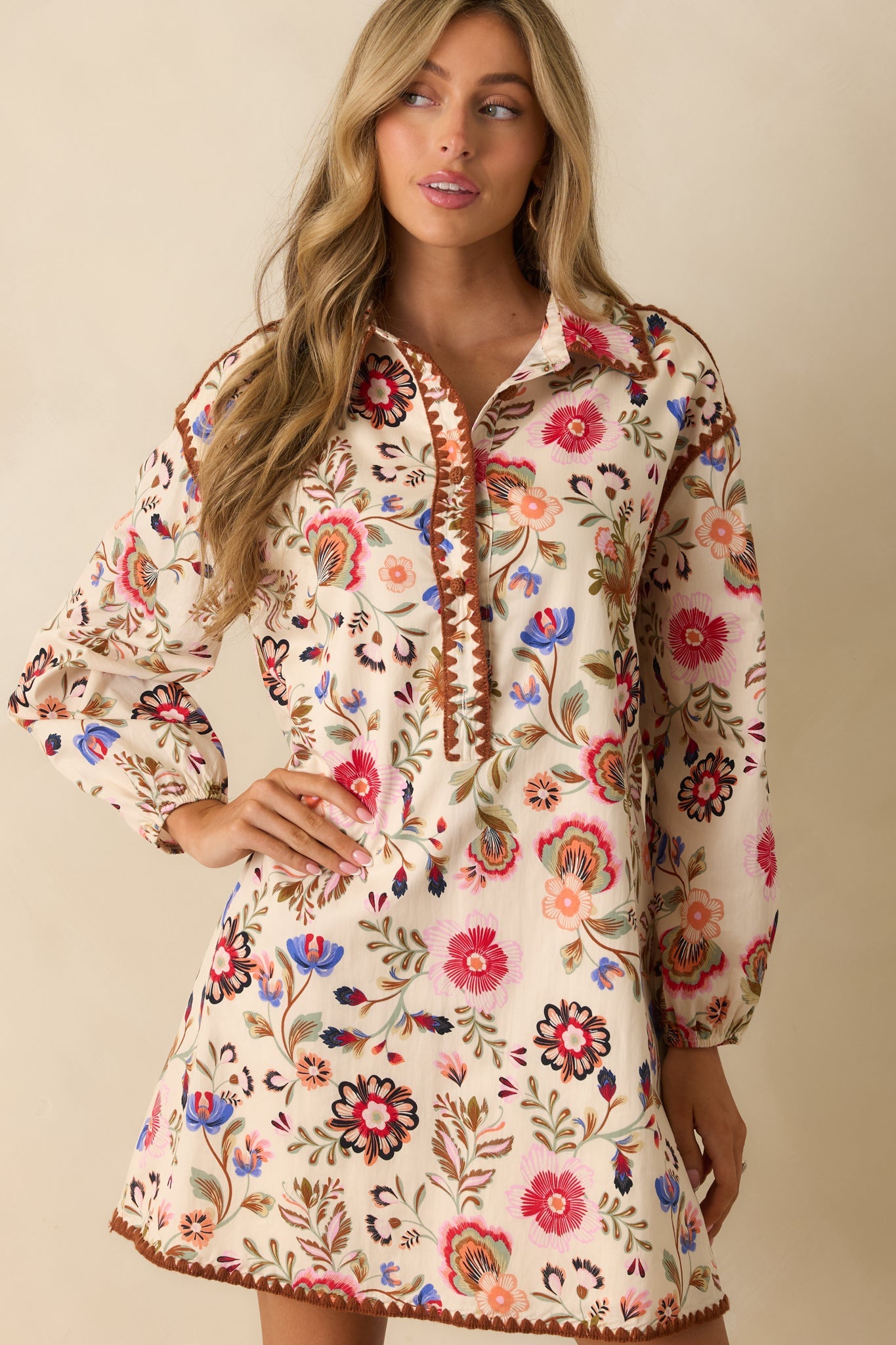 Keep That In Mind Ivory Multi Floral Print Cotton Shift Dress