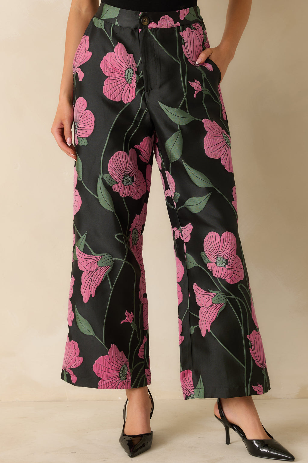 Garden Reverie Black Multi Floral Jacquard Wide Leg Pants