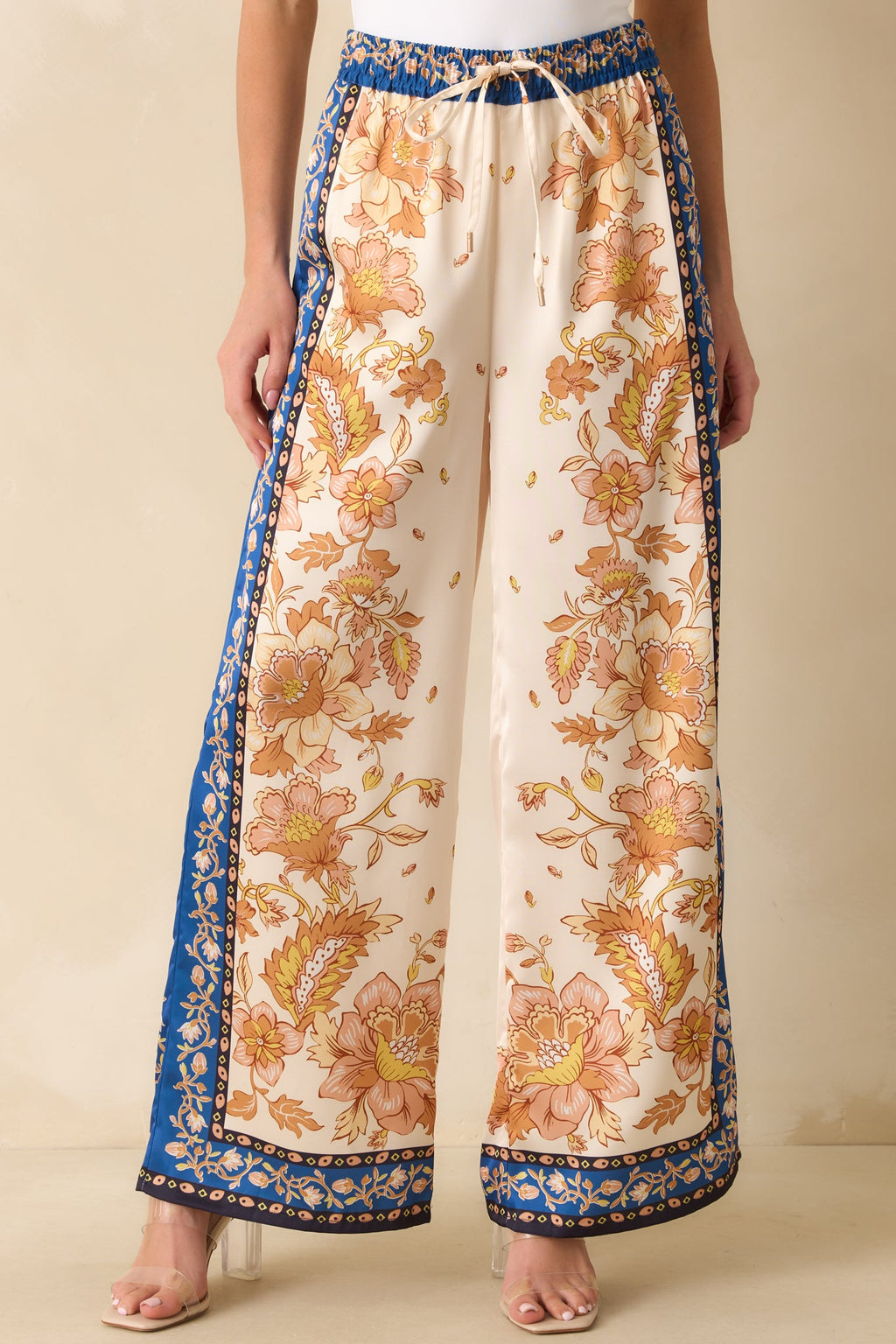 Held Her Ground Ivory Multi Floral Print Wide Leg Satin Pants