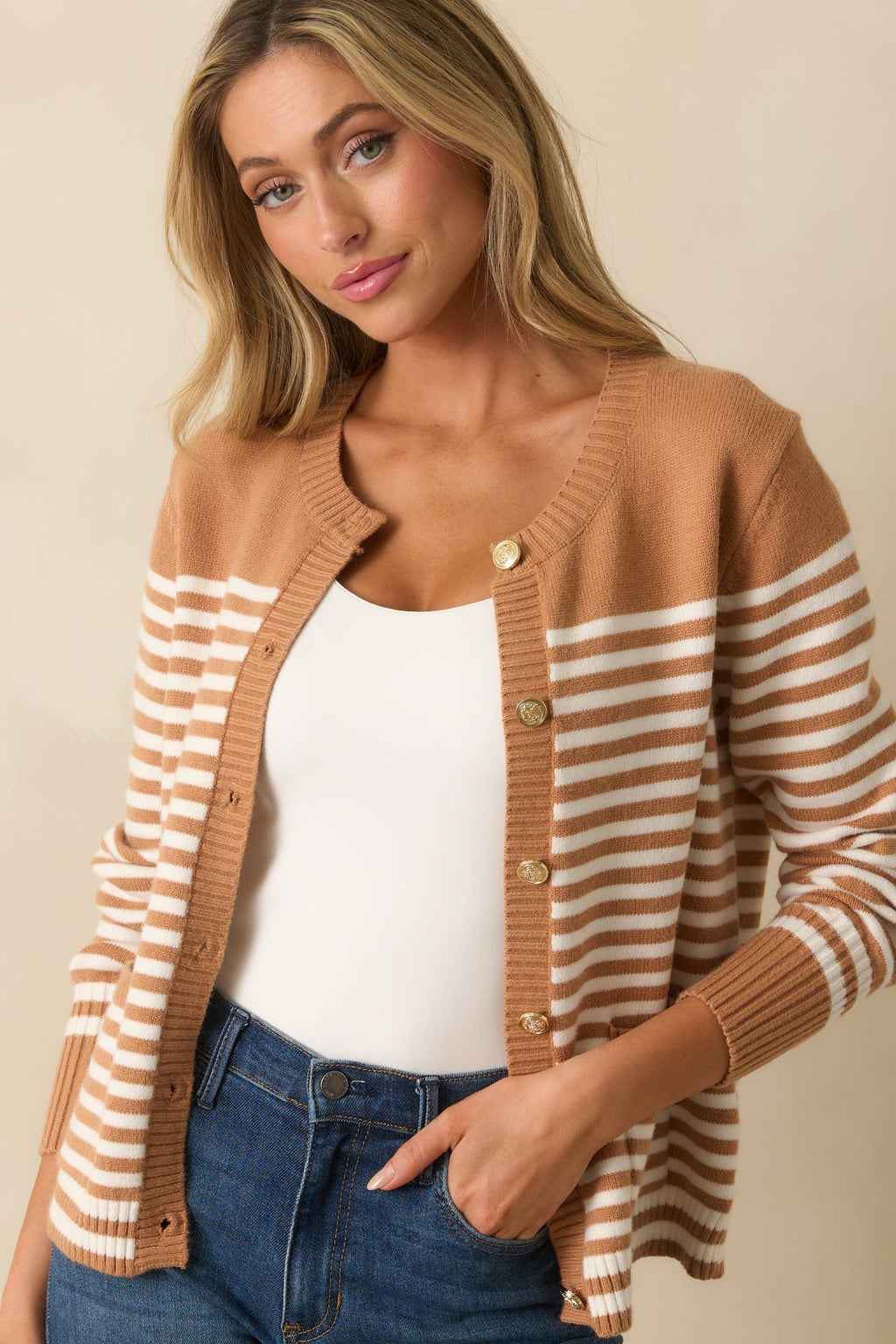 Right On Schedule Camel Brown Stripe Long Sleeve Button Up Cardigan