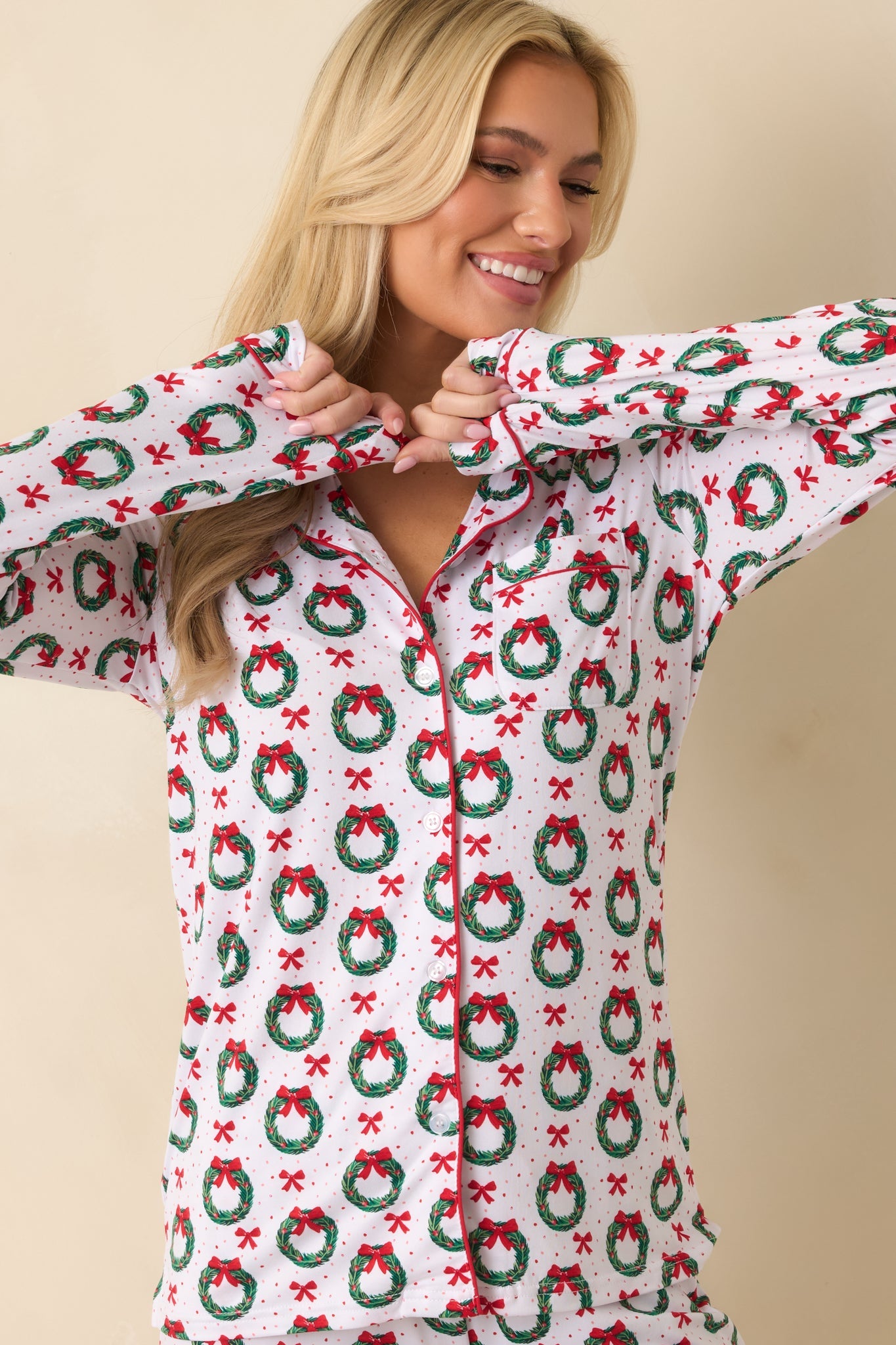 The Merriest Thing White Multi Wreath Long Sleeve Button Up Pajama Top