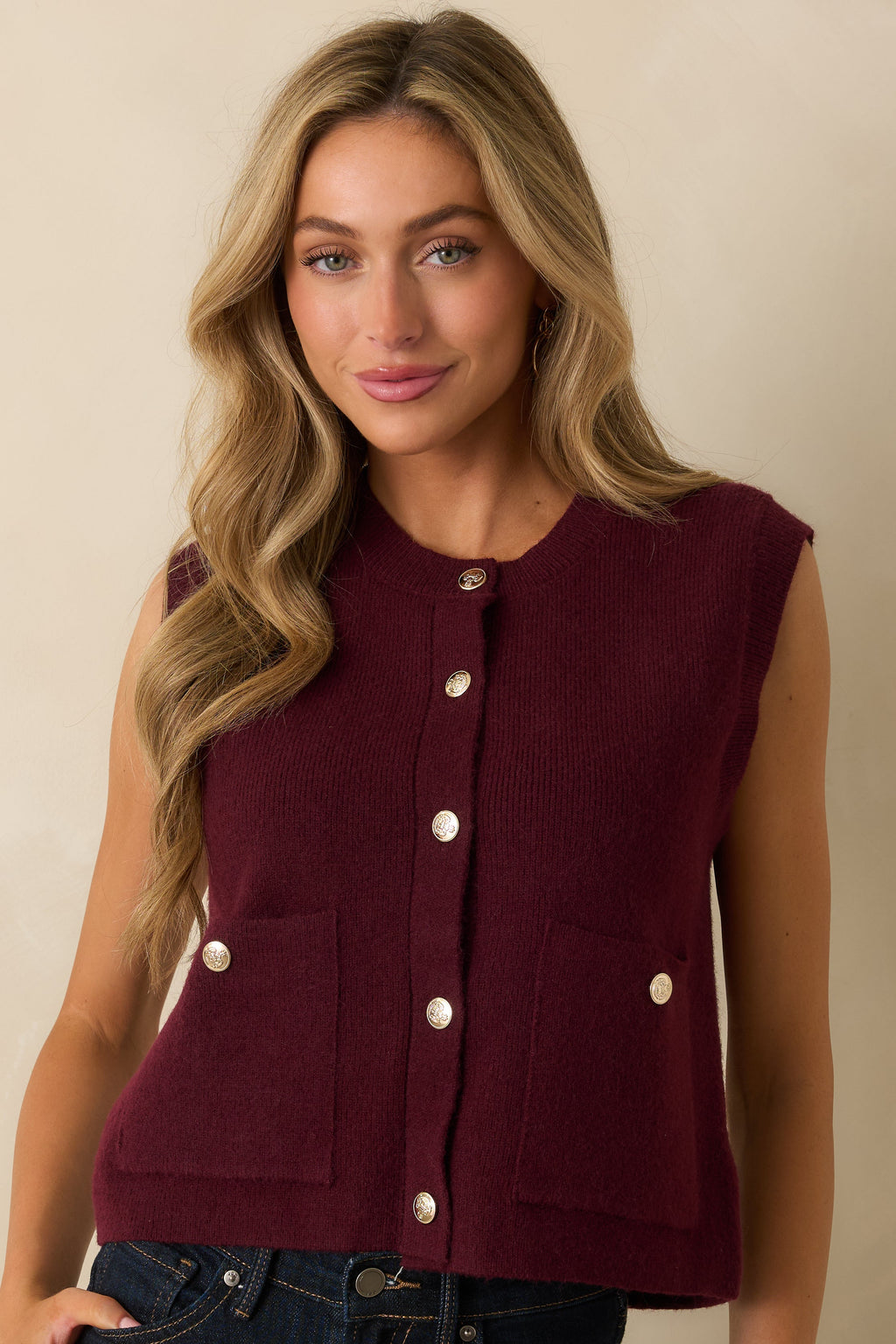 Keep Me Near Wine Red Button Front Sweater Vest