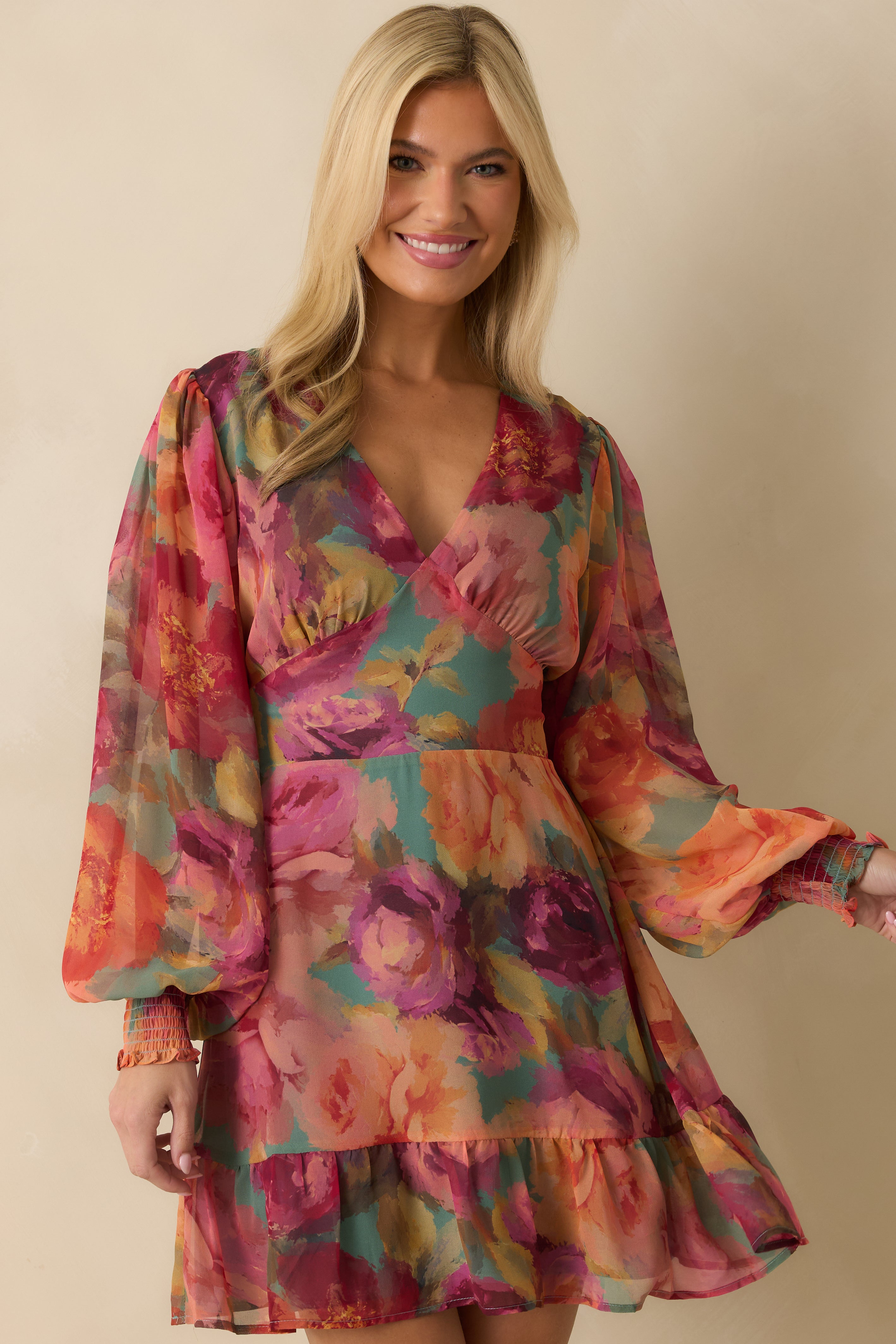 Petals in Motion Pink Multi Floral Print Chiffon Mini Dress