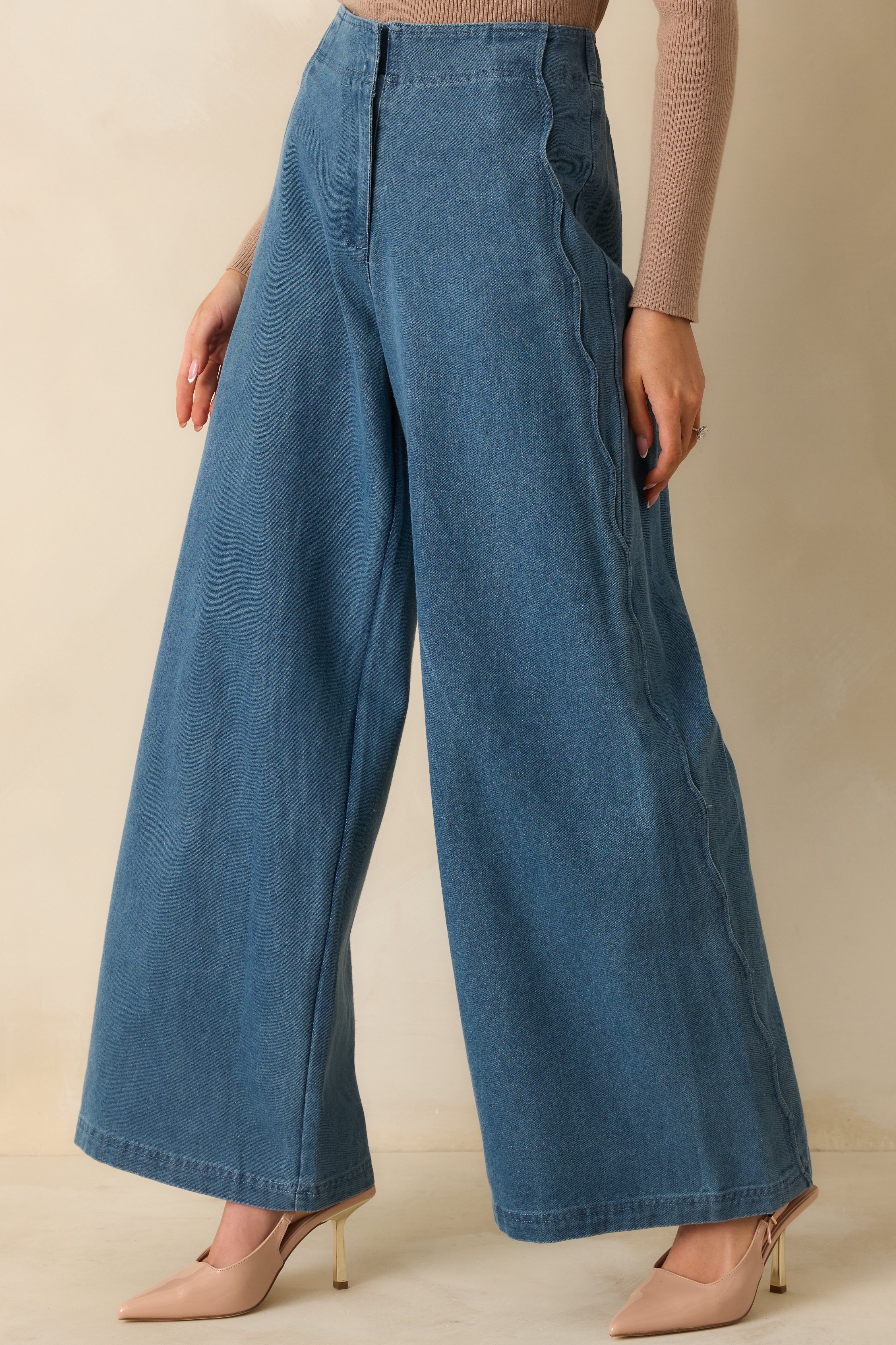 Curve Appeal Medium Wash Scalloped Edge Wide Leg Jeans