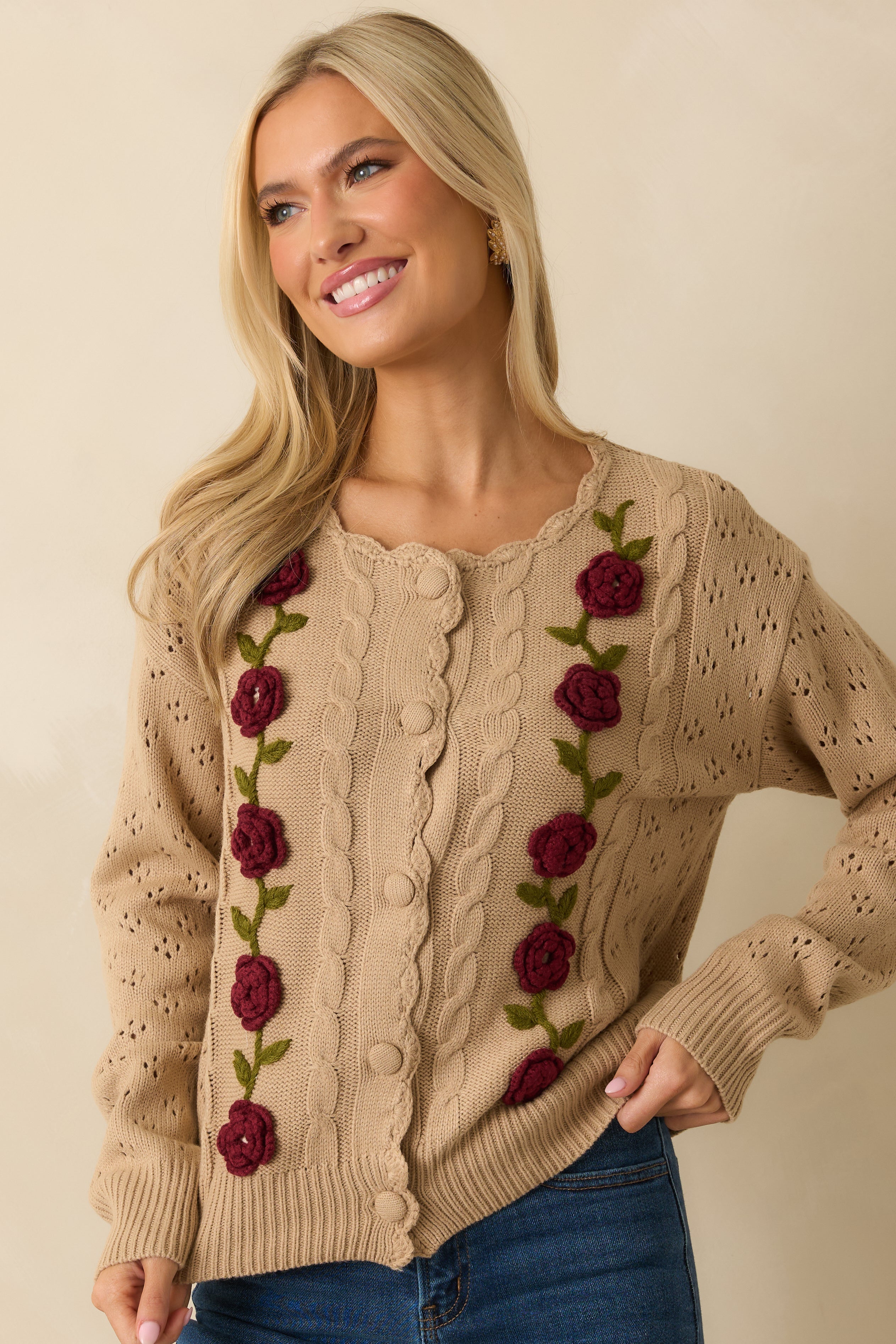 Garden Variety Taupe Floral Knit Button-Up Cardigan