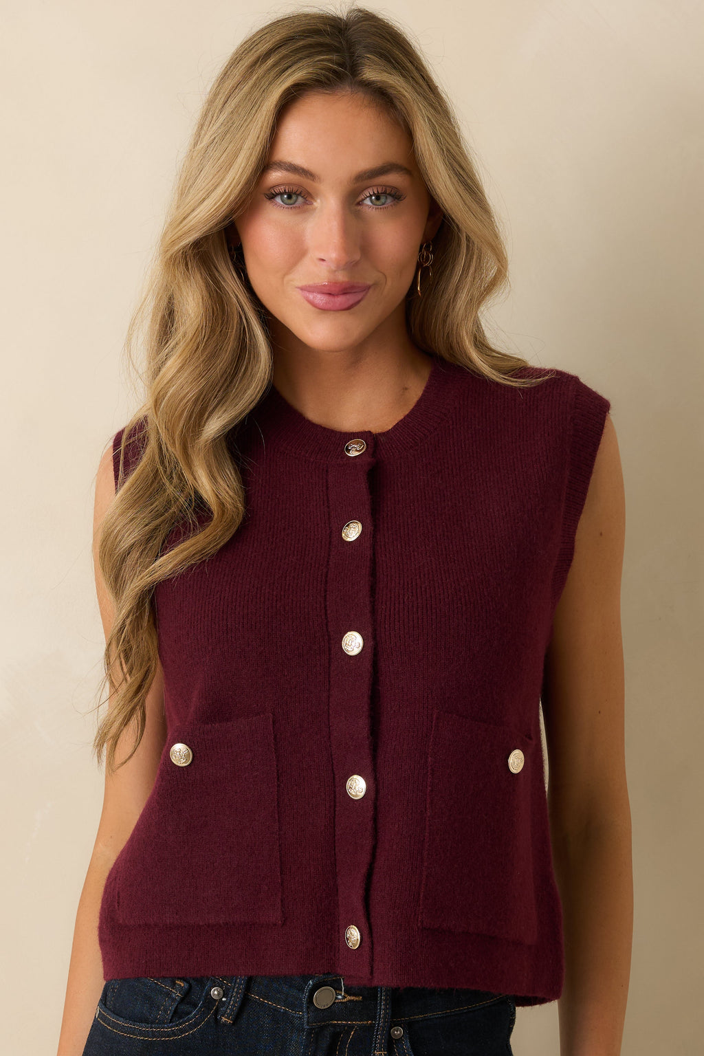 Keep Me Near Wine Red Button Front Sweater Vest