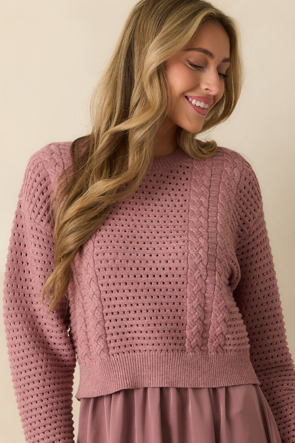 Take A Little Time Mauve Knit Sweater Satin Maxi Dress Set