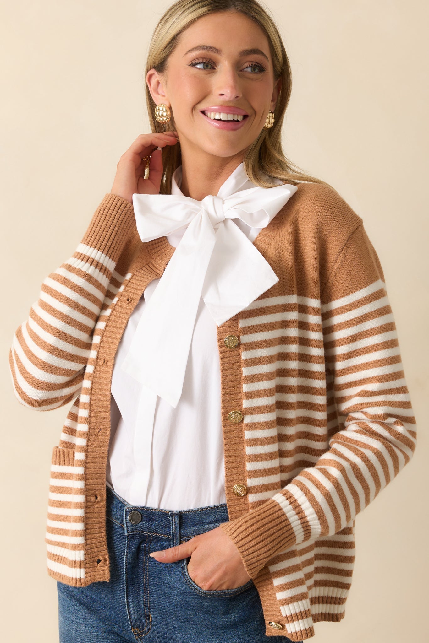 Right On Schedule Camel Brown Stripe Long Sleeve Button Up Cardigan