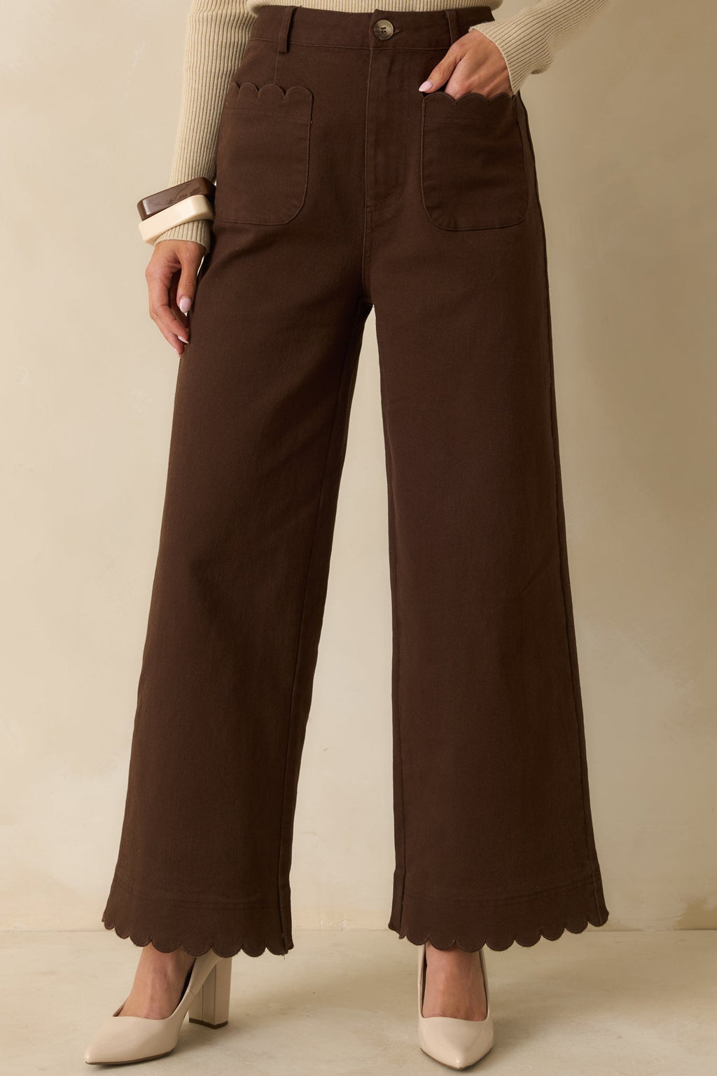 Set For The Day Brown Cotton Scalloped Wide Leg Pants