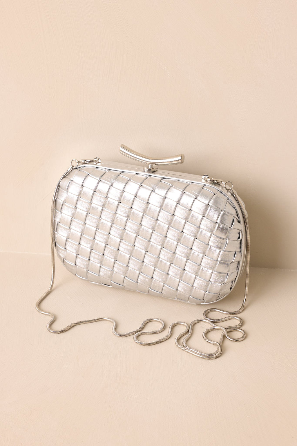 For Certain Silver Metallic Woven Faux Leather Clutch Handbag