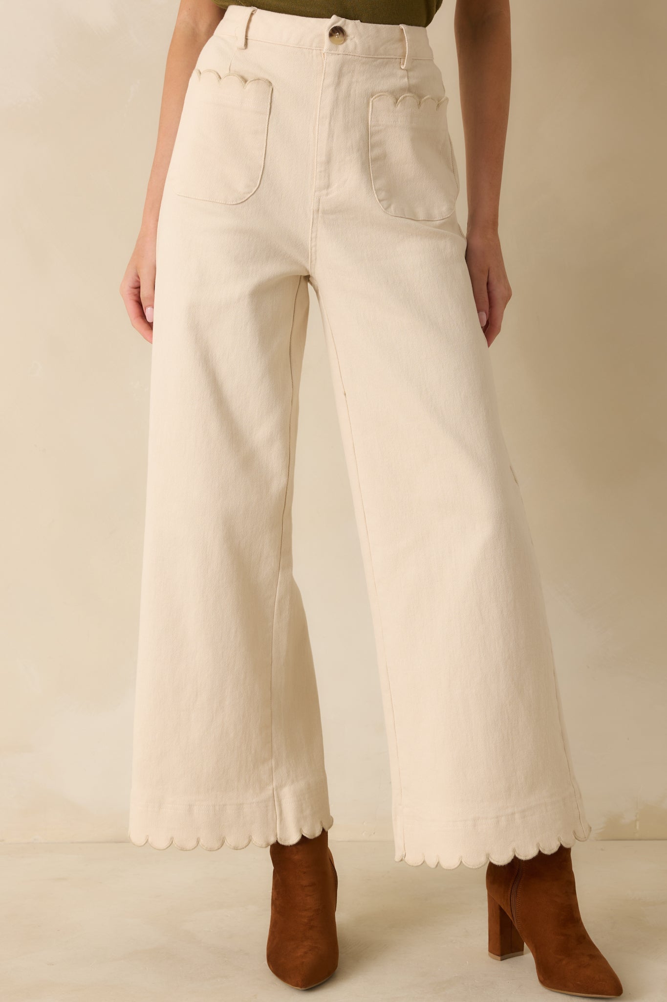 Set For The Day Ivory Cotton Scalloped Wide Leg Pants