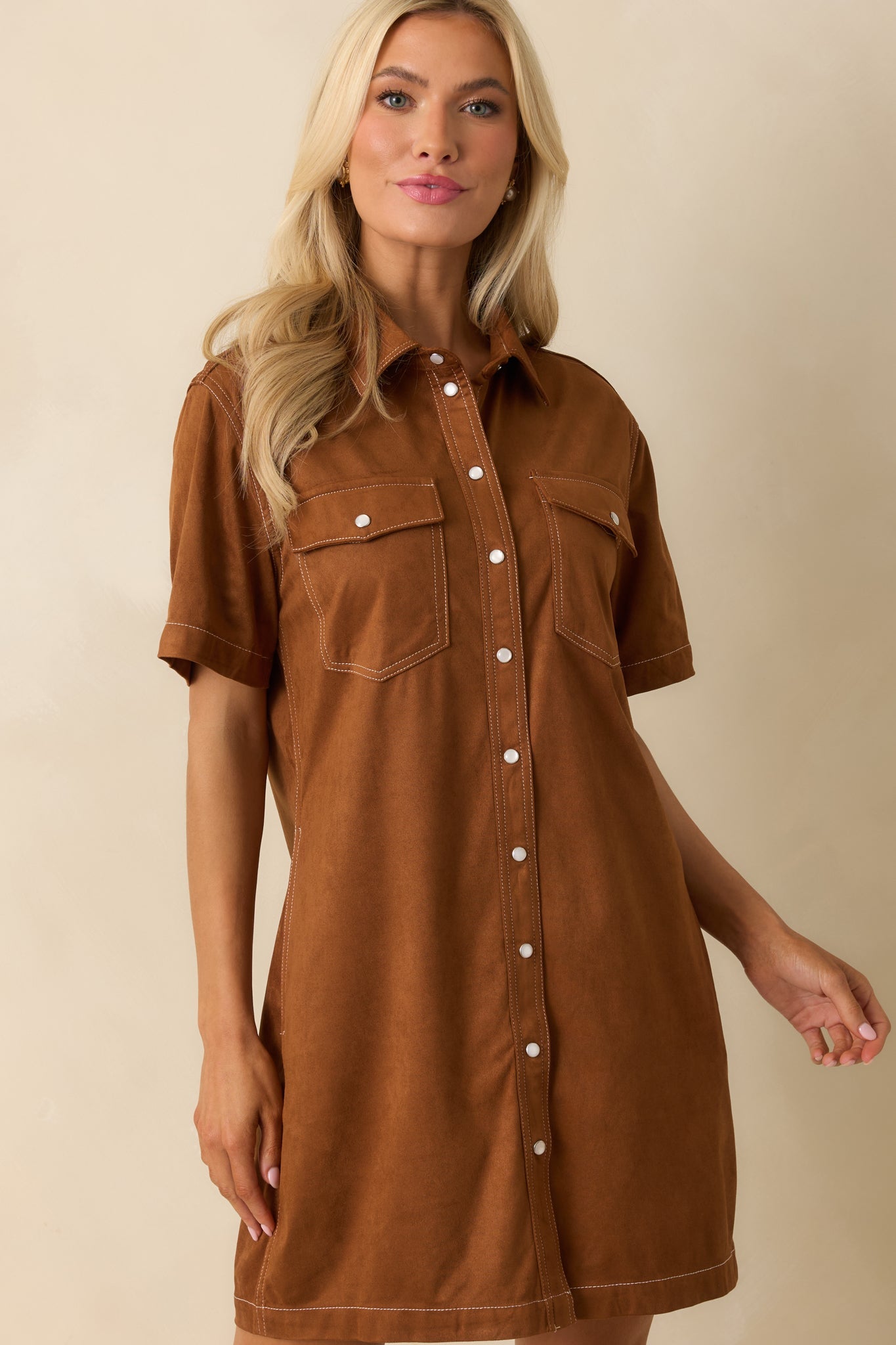Many Possibilities Cinnamon Brown Button Up Mini Dress