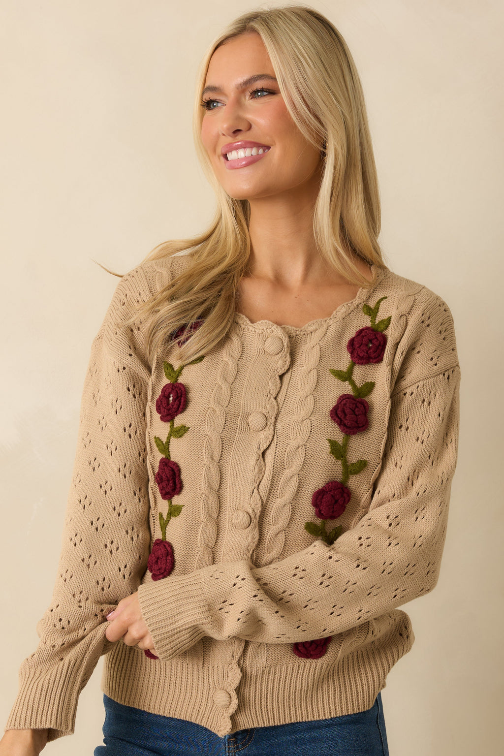 Garden Variety Taupe Floral Knit Button-Up Cardigan