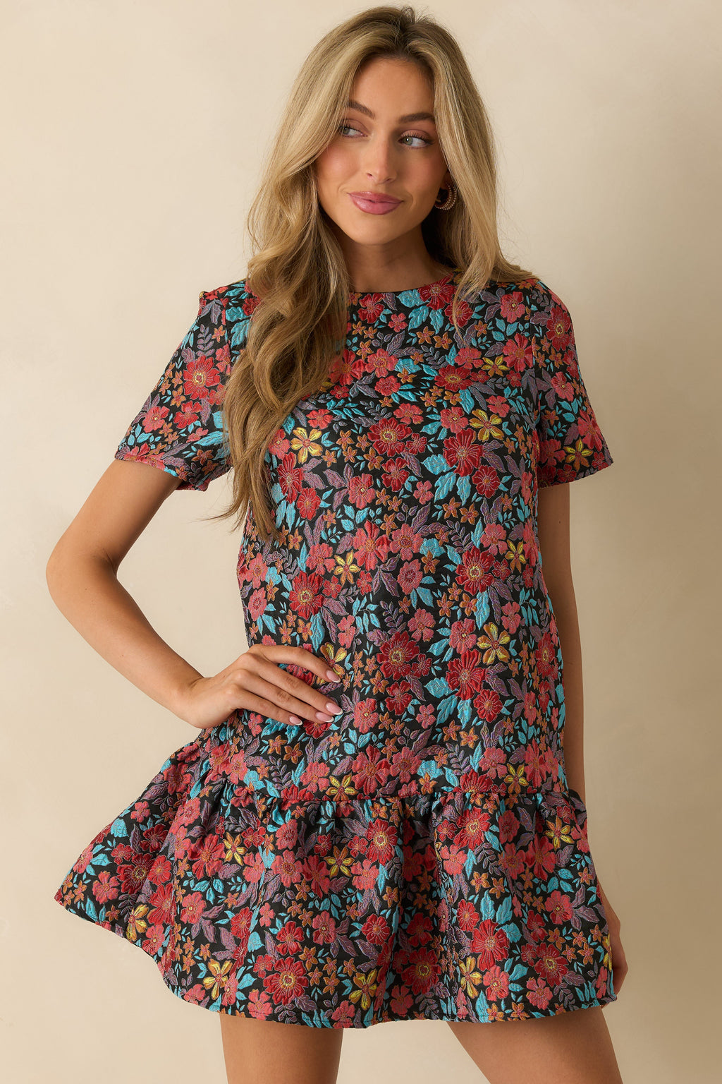 Full Bloom Ahead Black Multi Floral Jacquard Mini Dress