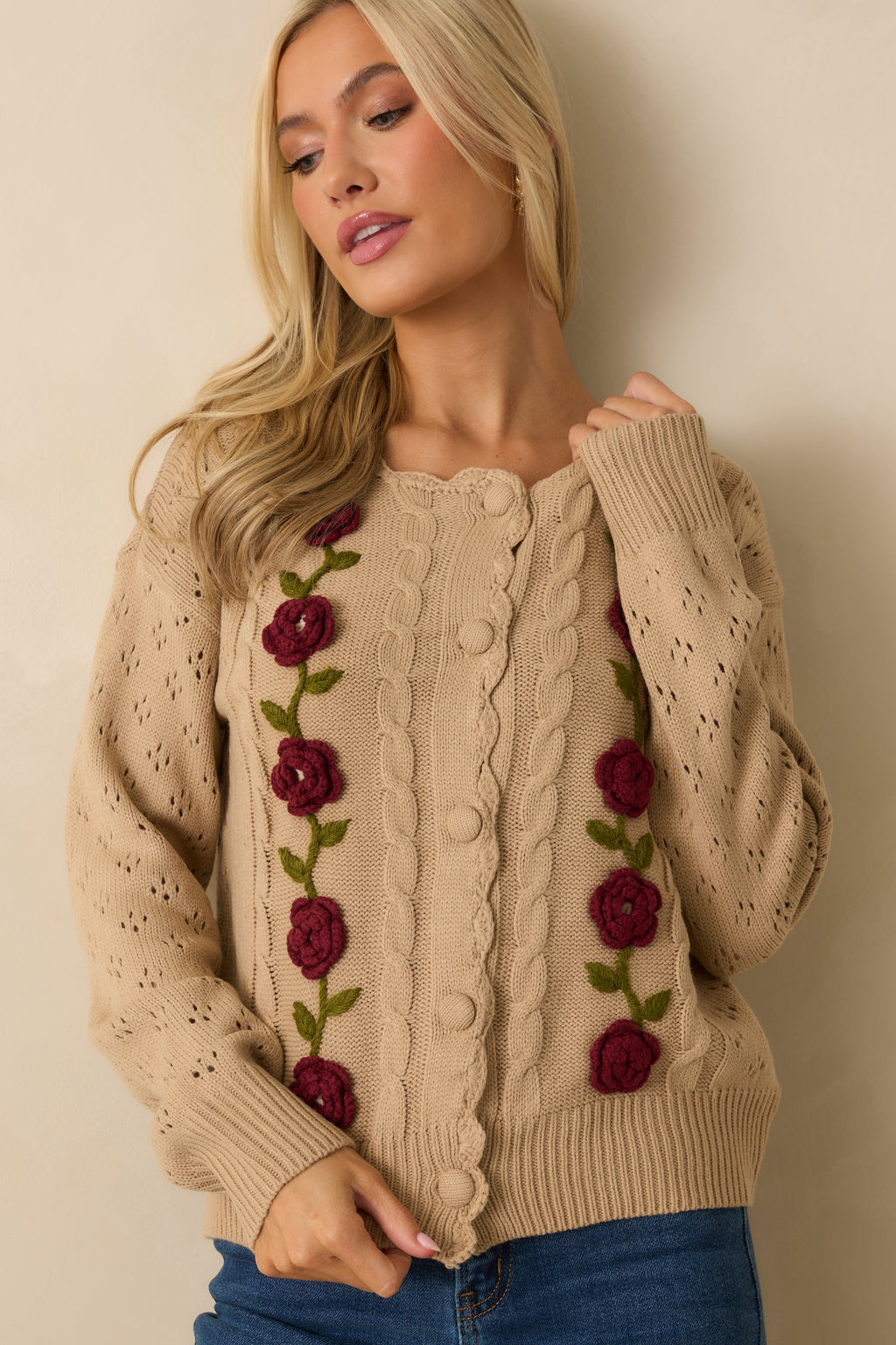 Garden Variety Taupe Floral Knit Button-Up Cardigan