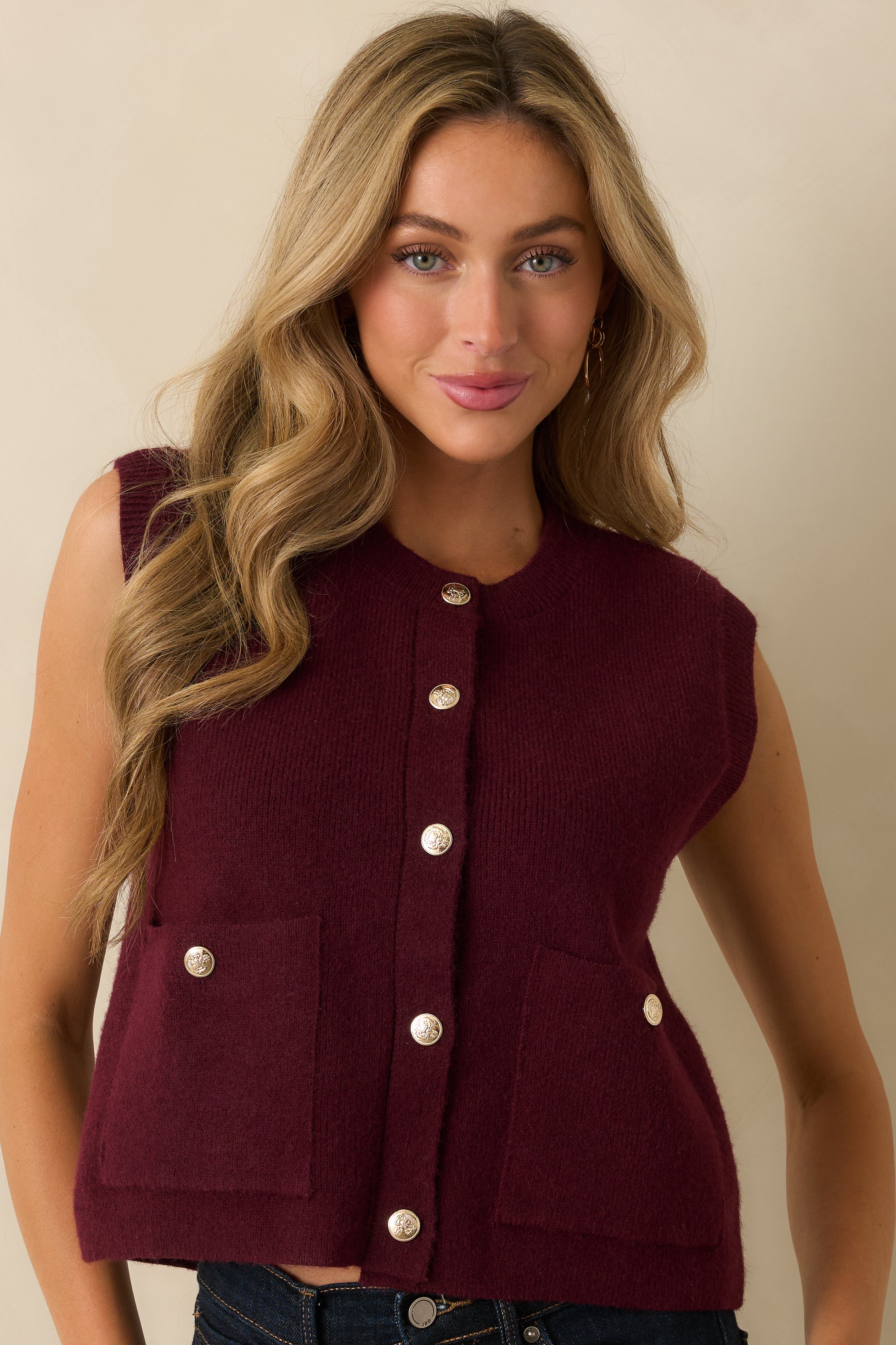 Keep Me Near Wine Red Button Front Sweater Vest
