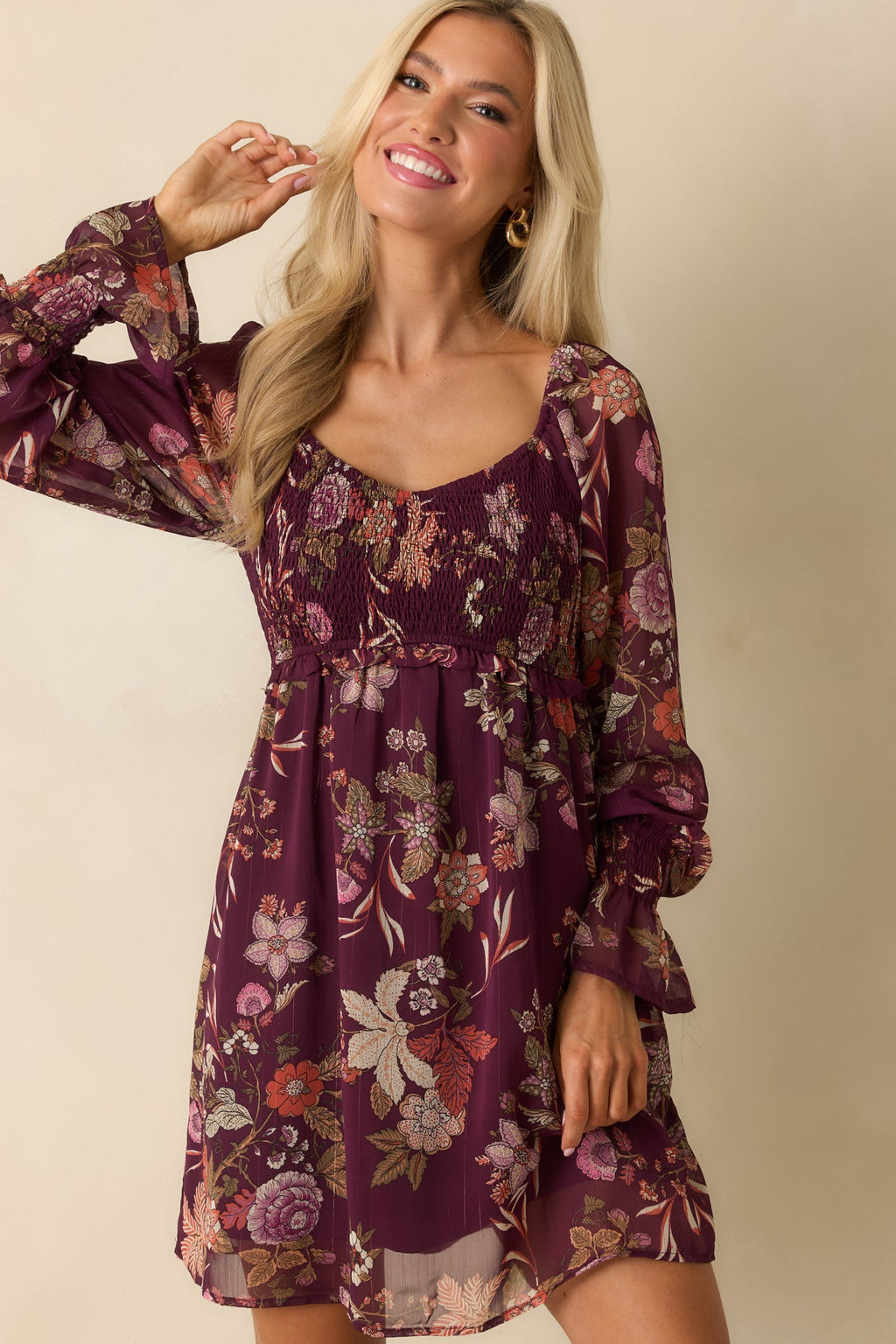 Flutter Away Berry Purple Multi Floral Print Mini Dress