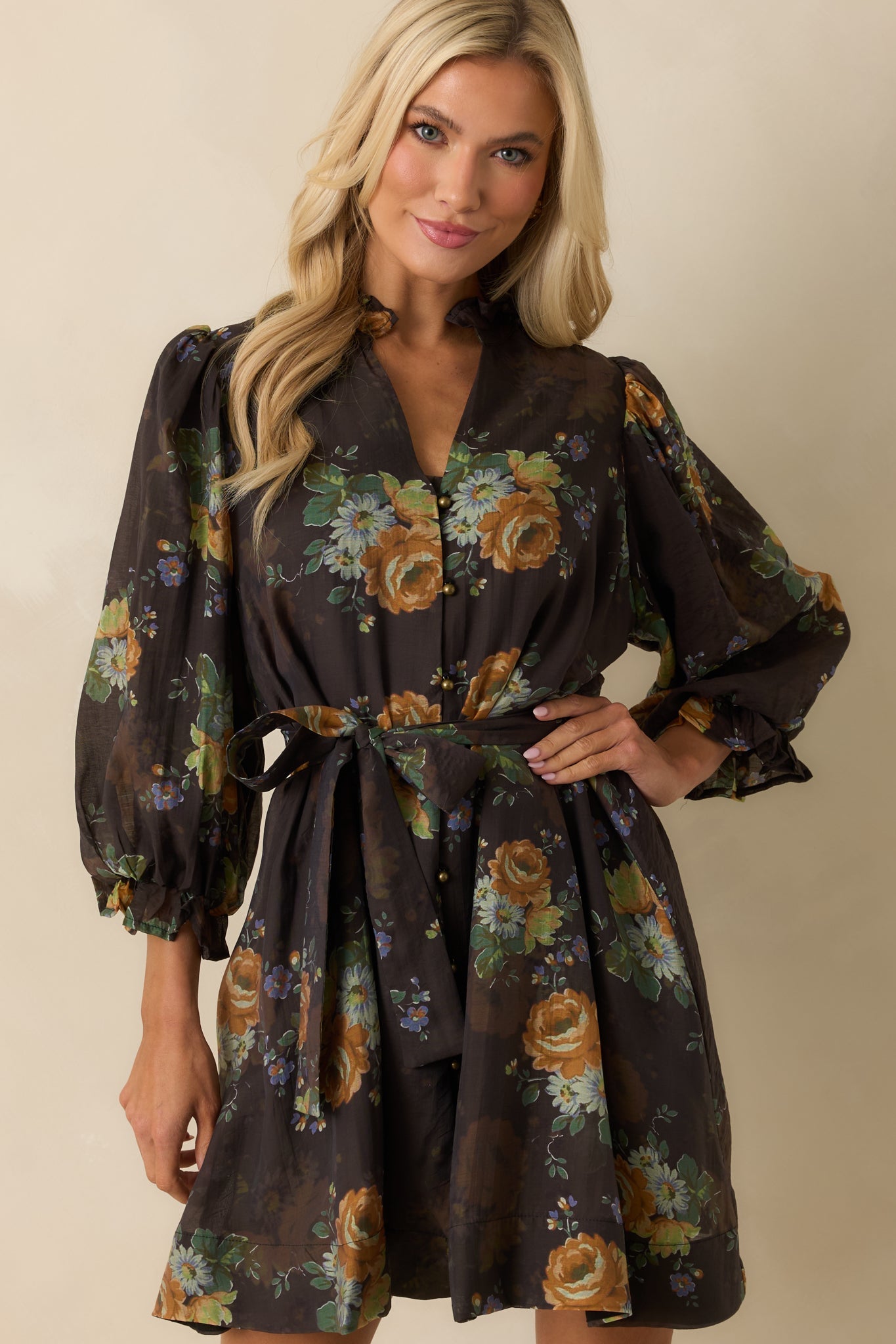Rustic Romance Dark Brown Multi Floral Print Belted Mini Dress