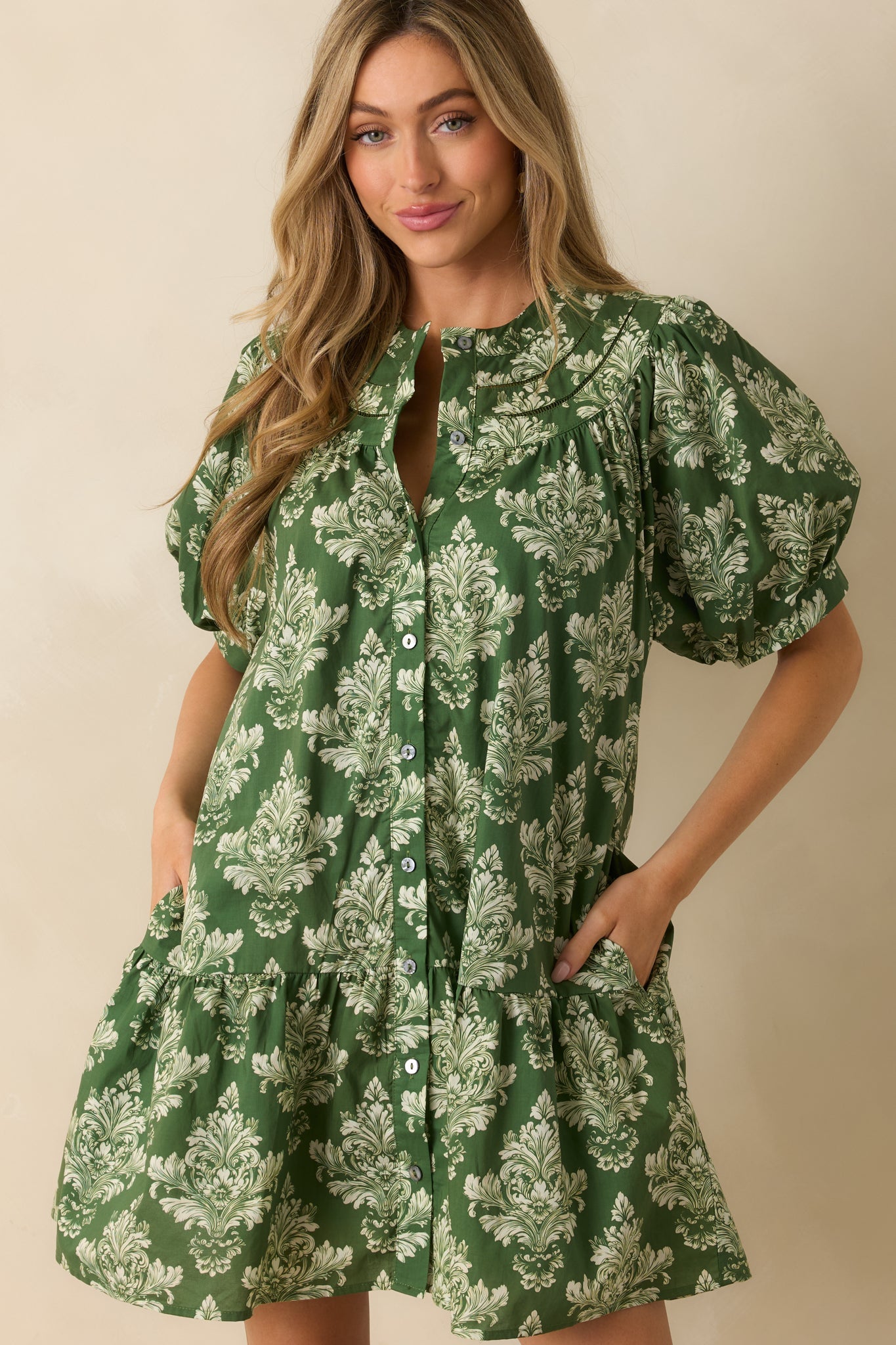 Heirloom Grace Green Damask Print Cotton Mini Dress