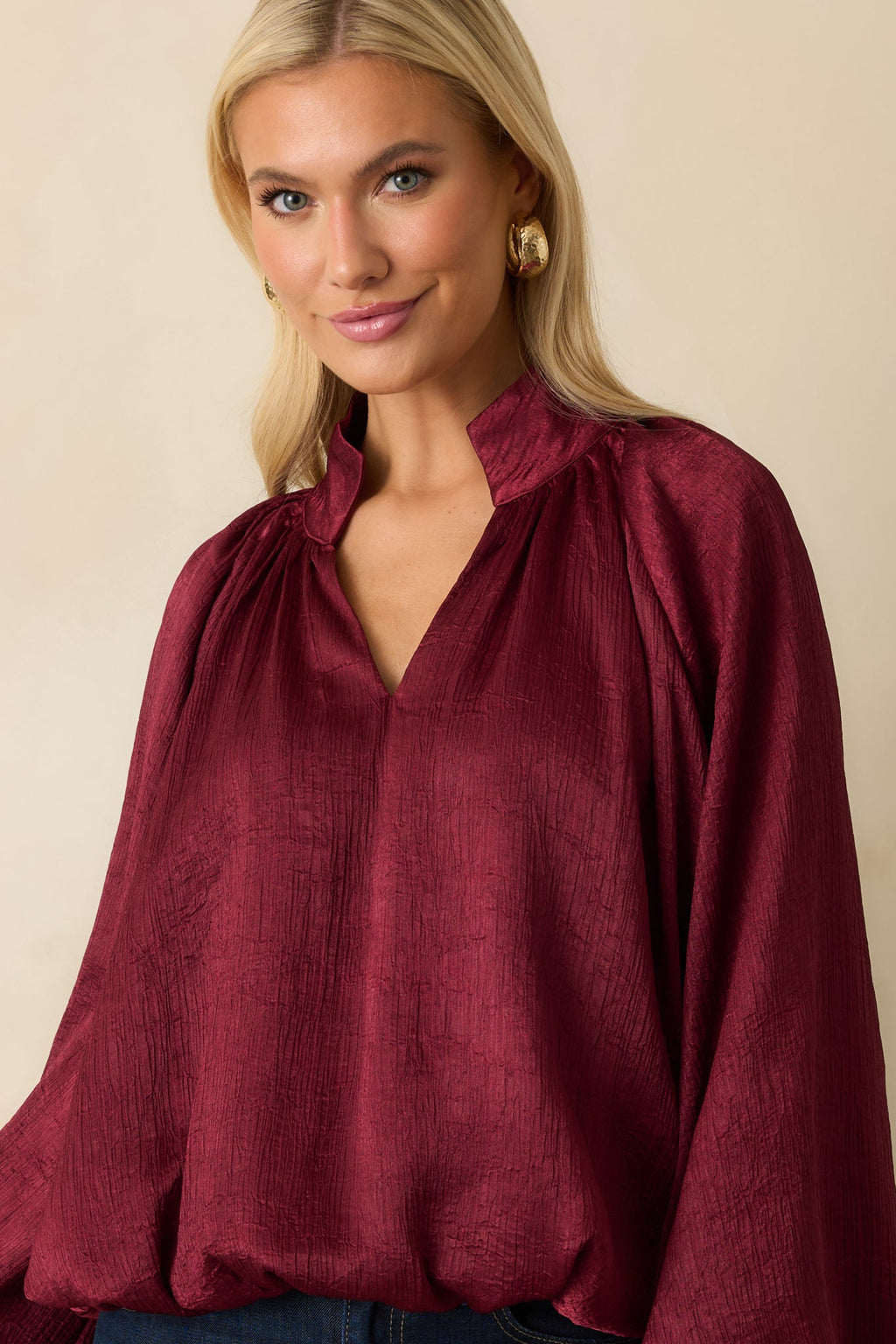 Promise Me This Burgundy Satin V-Neck Peasant Sleeve Top