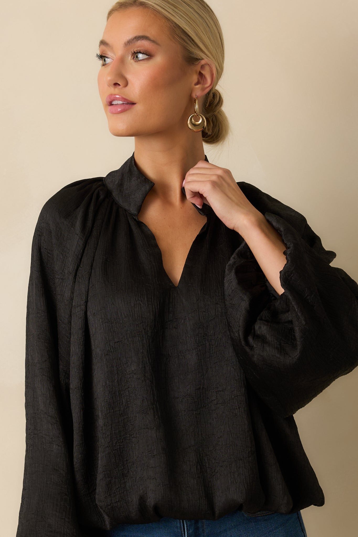 Promise Me This Black Satin V-Neck Peasant Sleeve Top