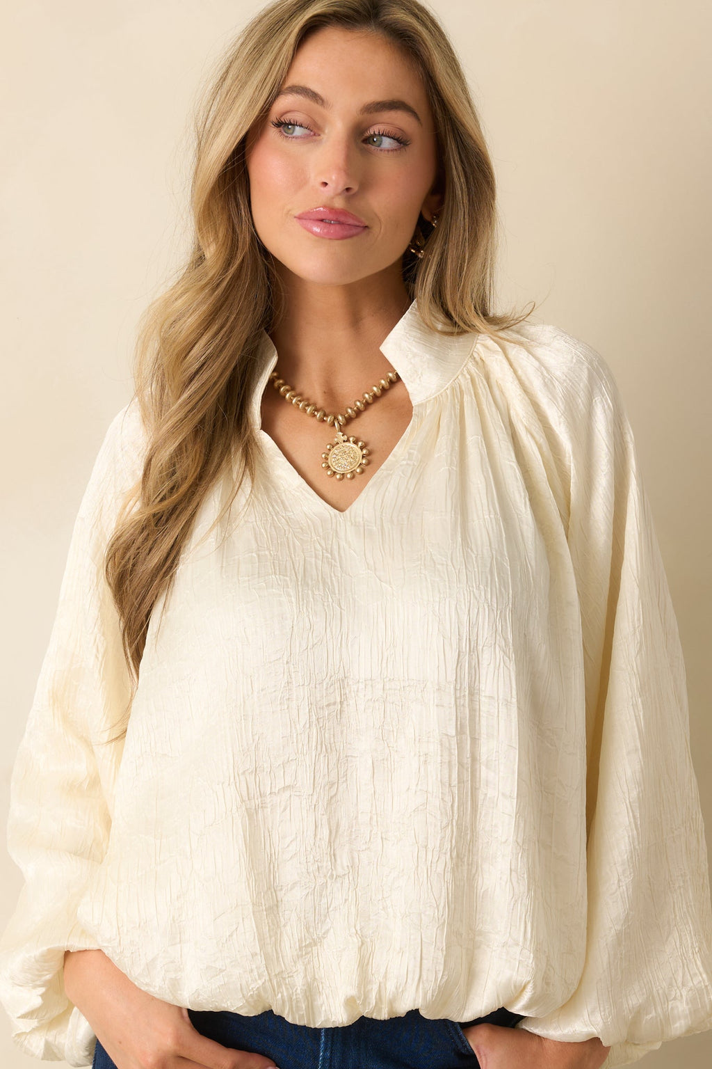 Promise Me This Cream Satin V-Neck Peasant Sleeve Top