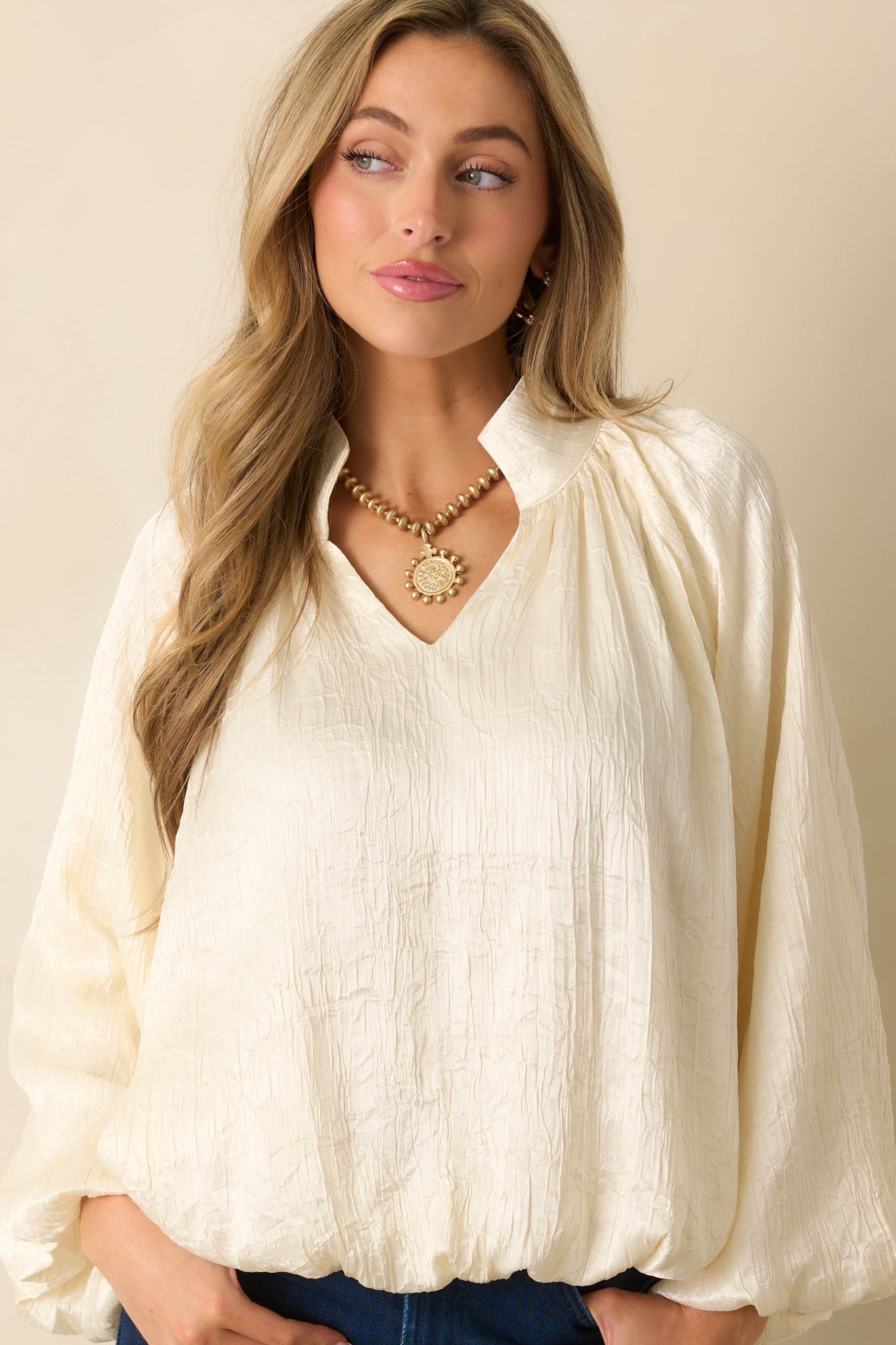 Promise Me This Cream Satin V-Neck Peasant Sleeve Top